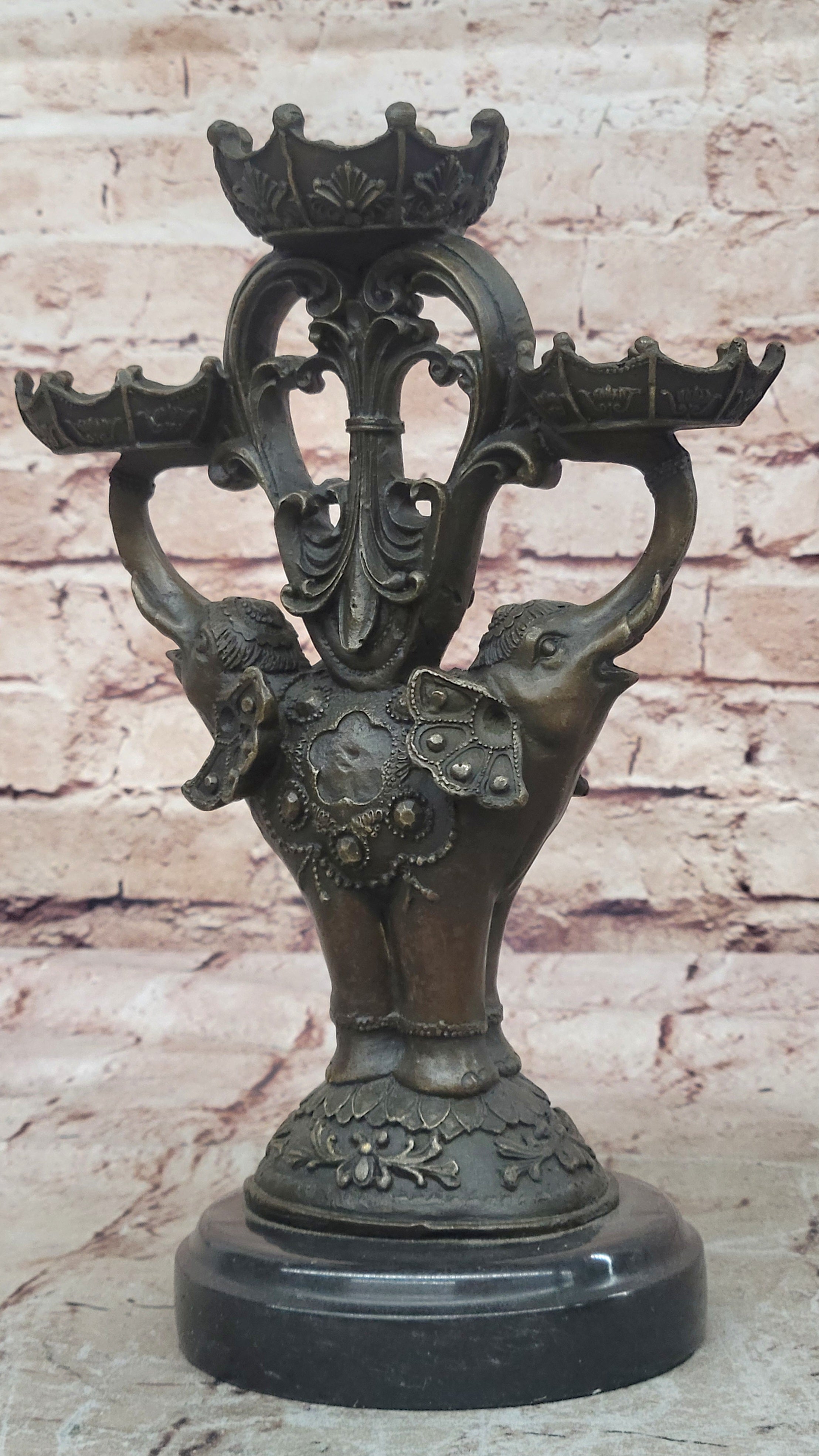 Two Headed Elephant Candle Holder Bronze Sculpture Marble Statue Figurine Figure