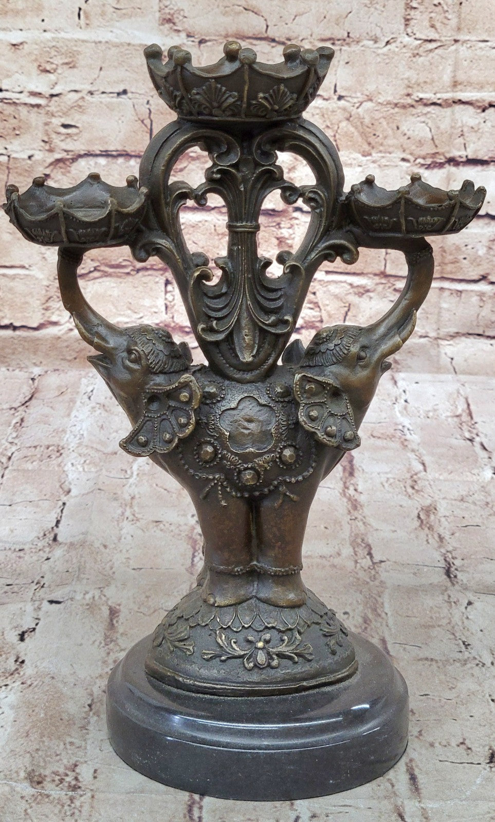 Two Headed Elephant Candle Holder Bronze Sculpture Marble Statue Figurine Figure