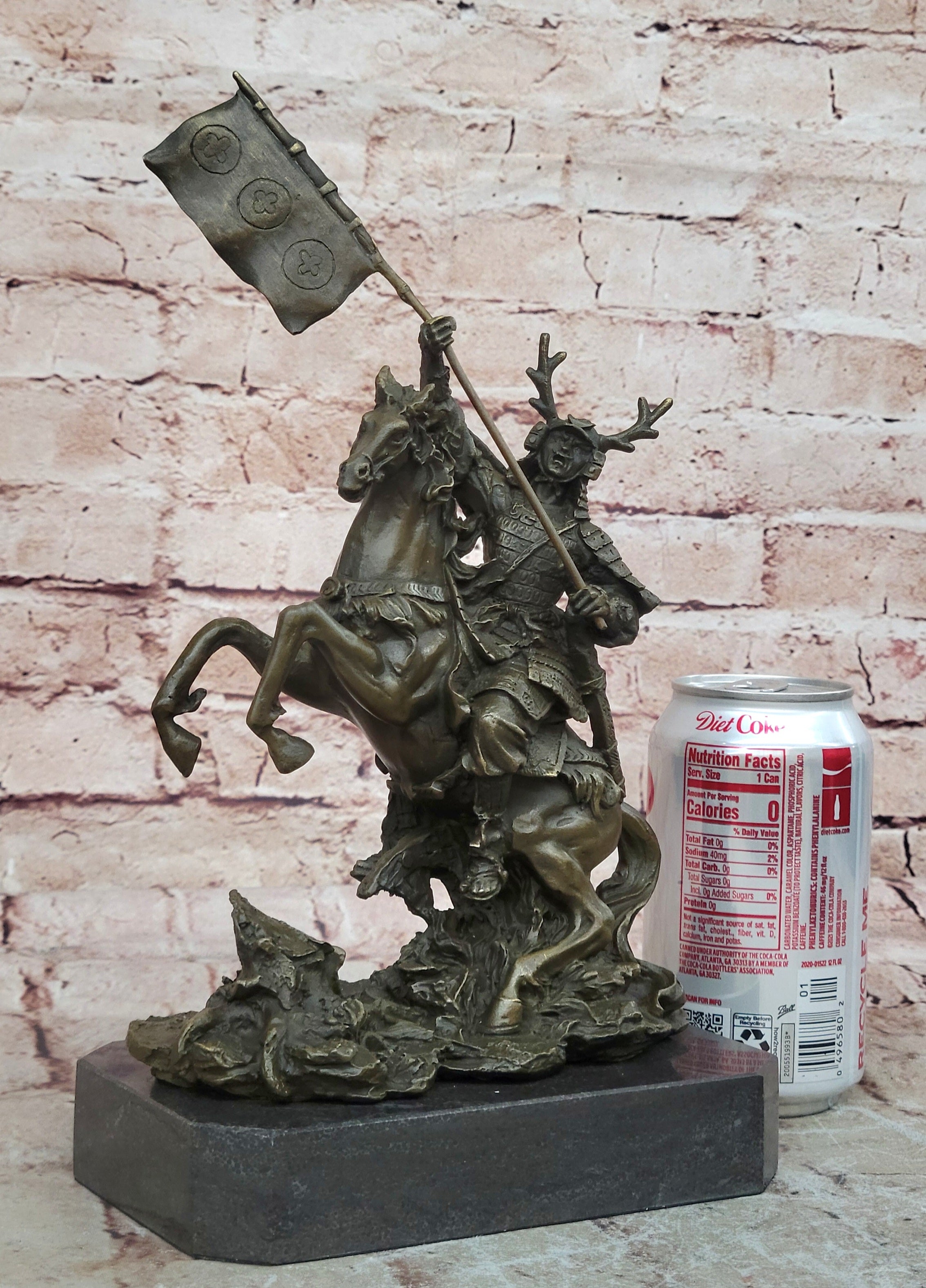 Hot Cast Viking Warrior on Horse with a Flag Bronze Sculpture Statue Figurine