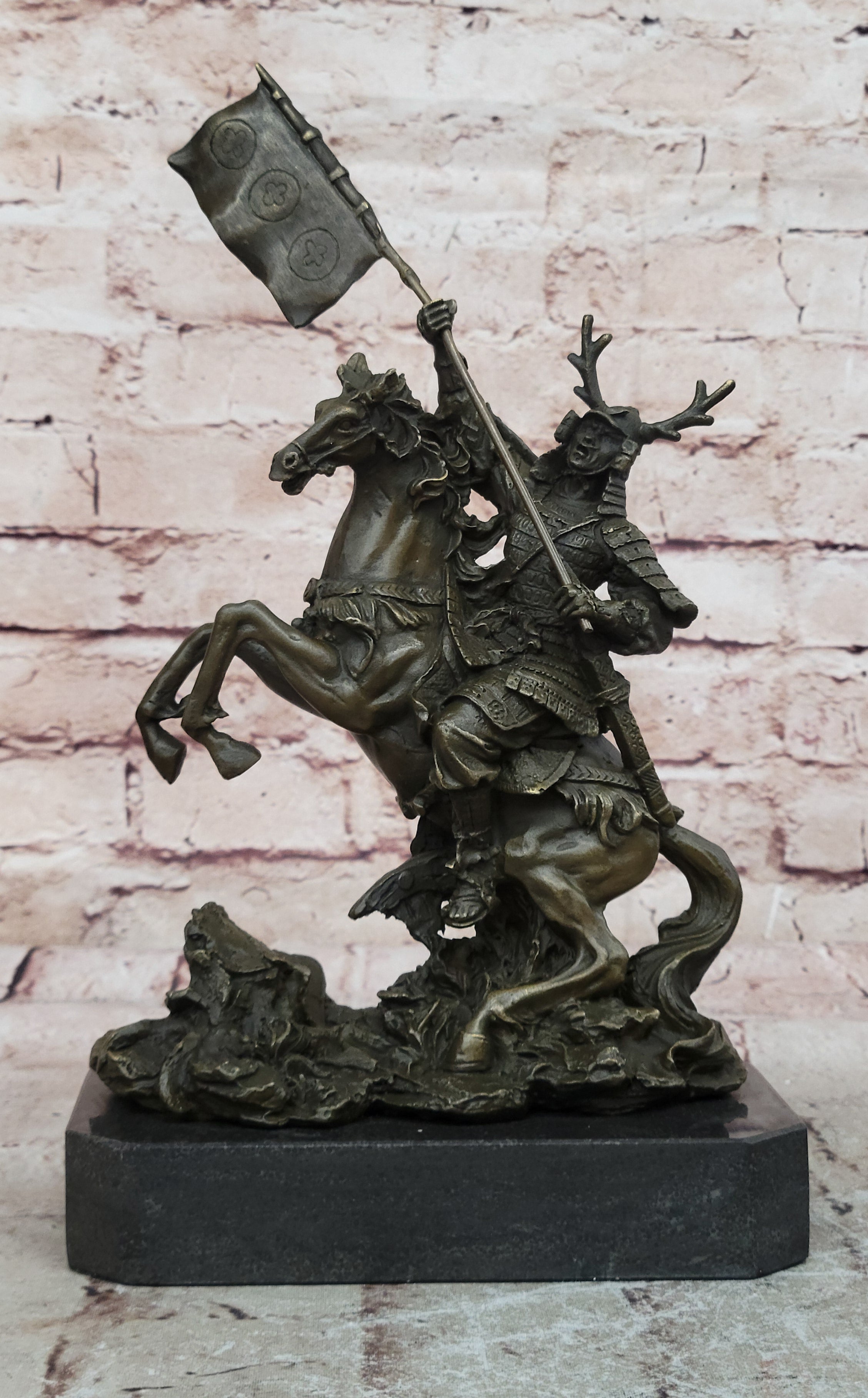 Hot Cast Viking Warrior on Horse with a Flag Bronze Sculpture Statue Figurine