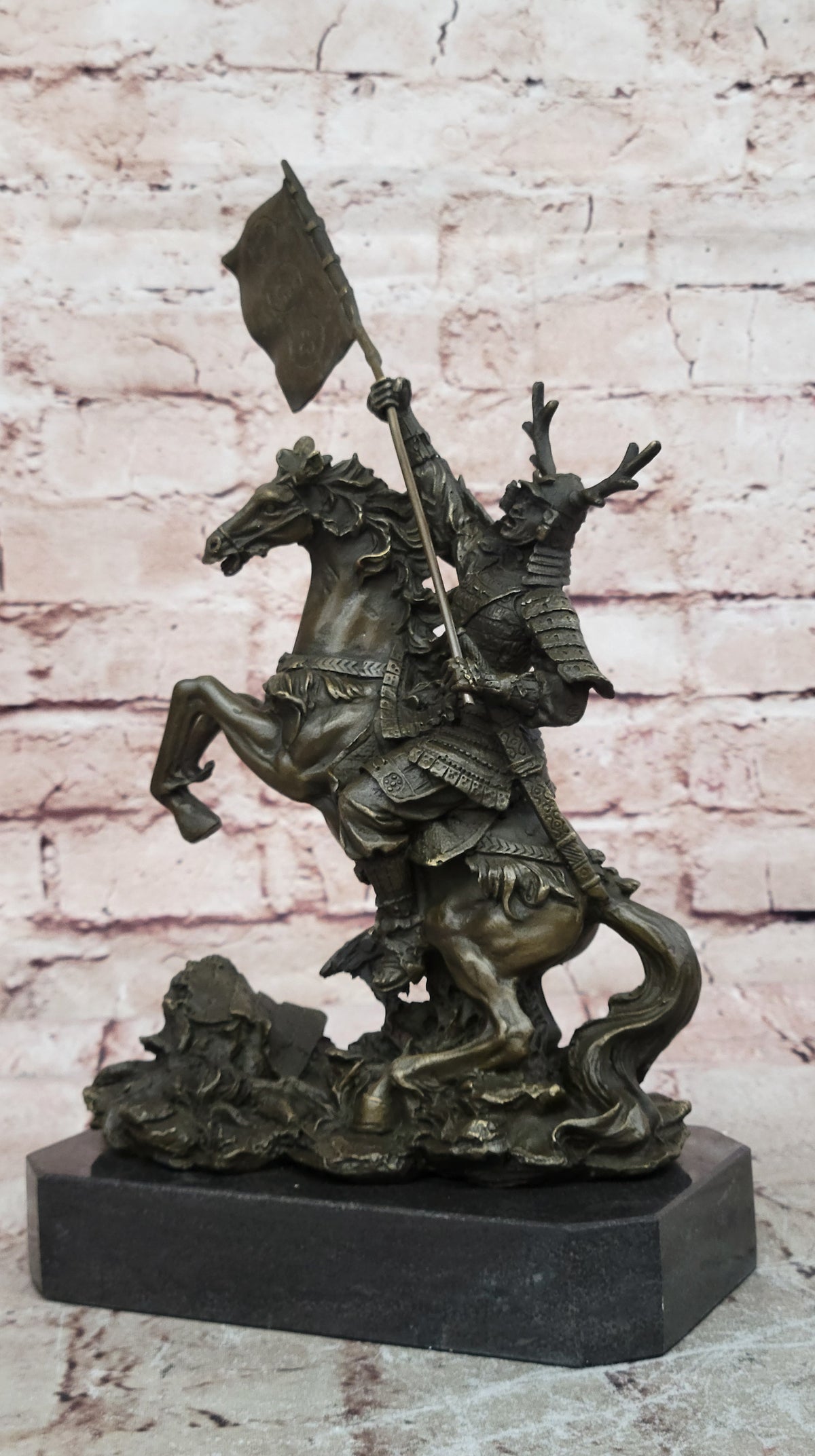 Hot Cast Viking Warrior on Horse with a Flag Bronze Sculpture Statue Figurine