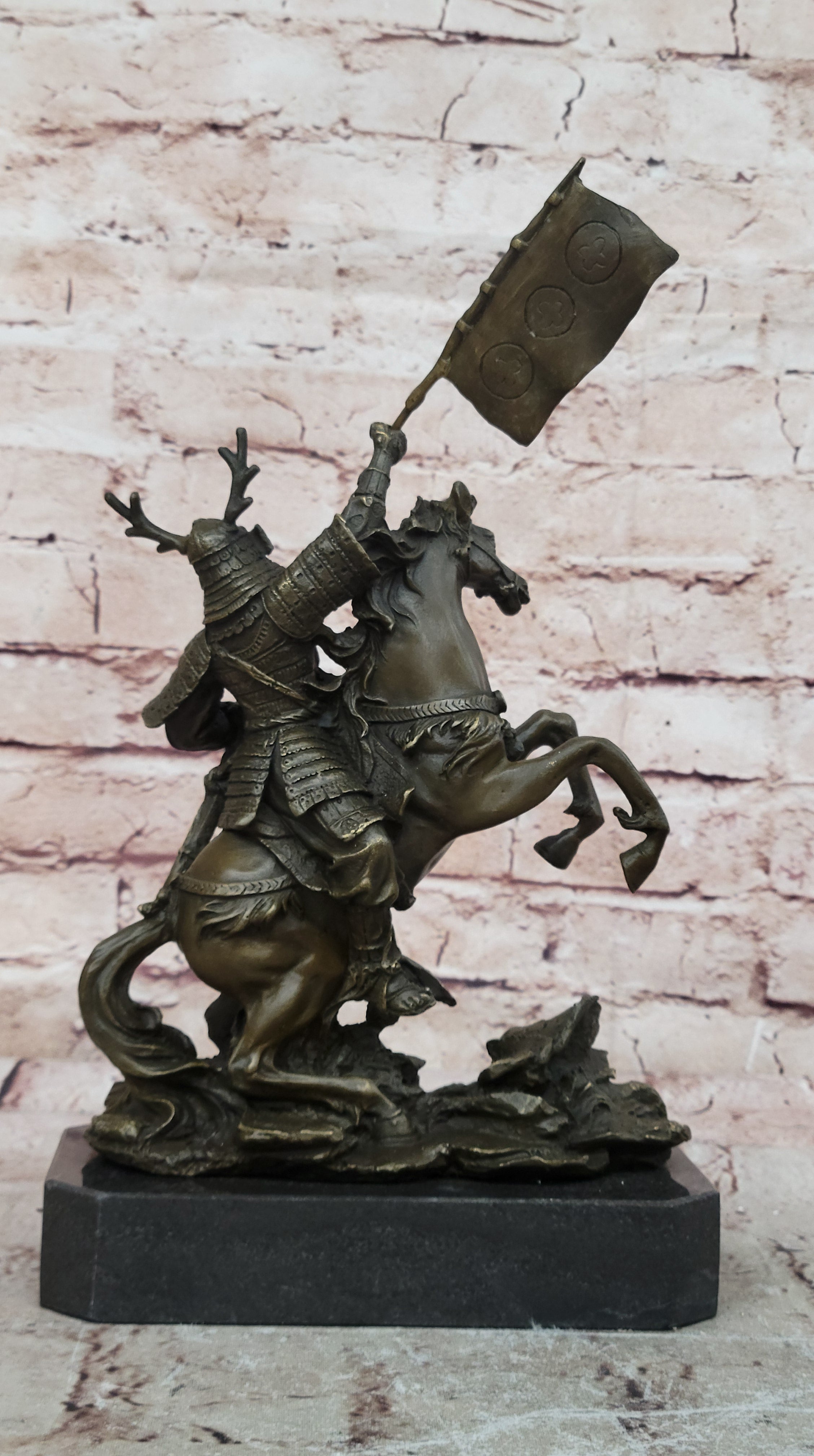 Hot Cast Viking Warrior on Horse with a Flag Bronze Sculpture Statue Figurine