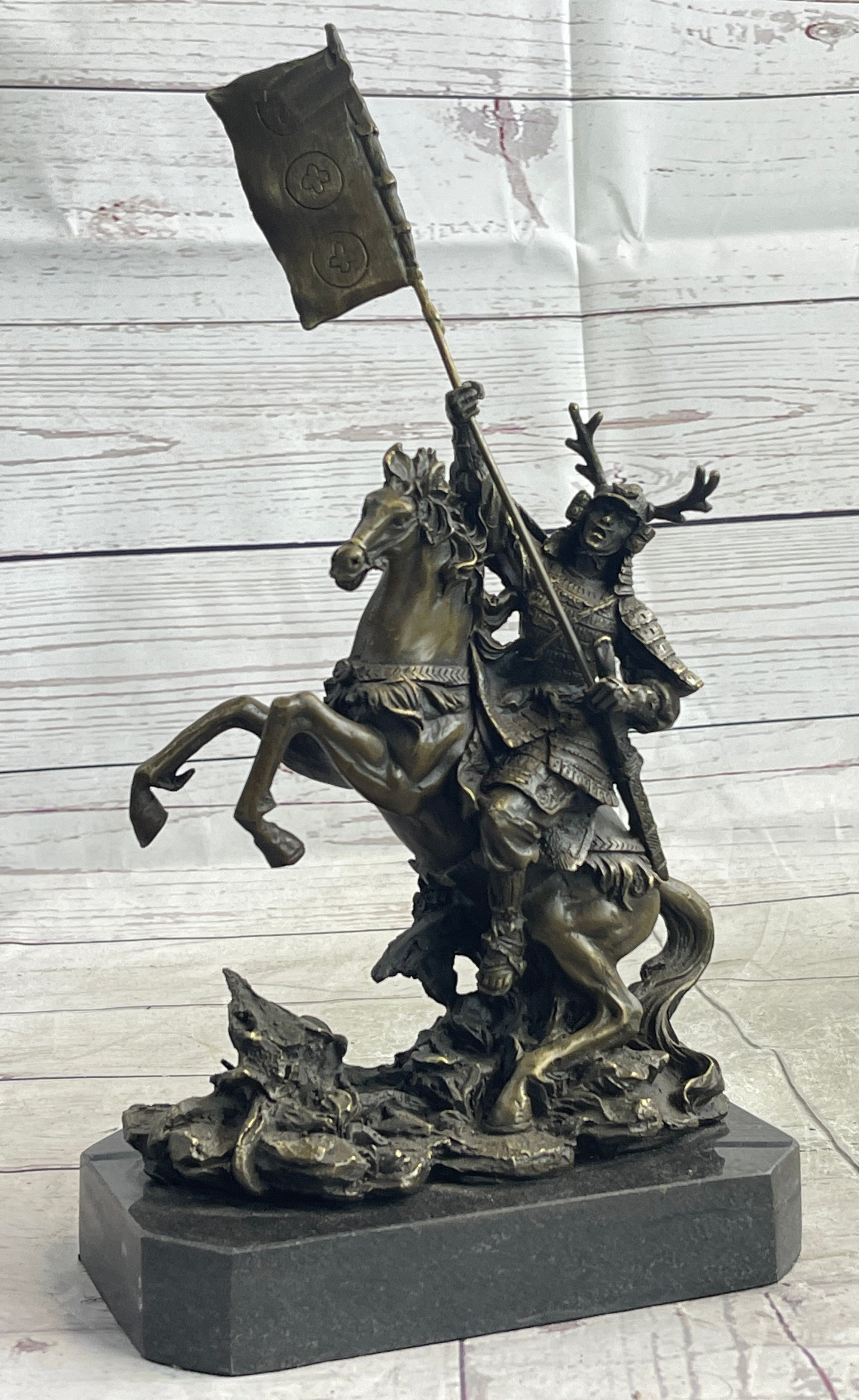 Hot Cast Viking Warrior on Horse with a Flag Bronze Sculpture Statue Figurine