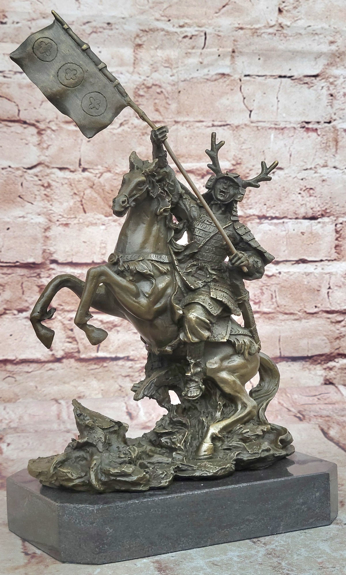 Hot Cast Viking Warrior on Horse with a Flag Bronze Sculpture Statue Figurine