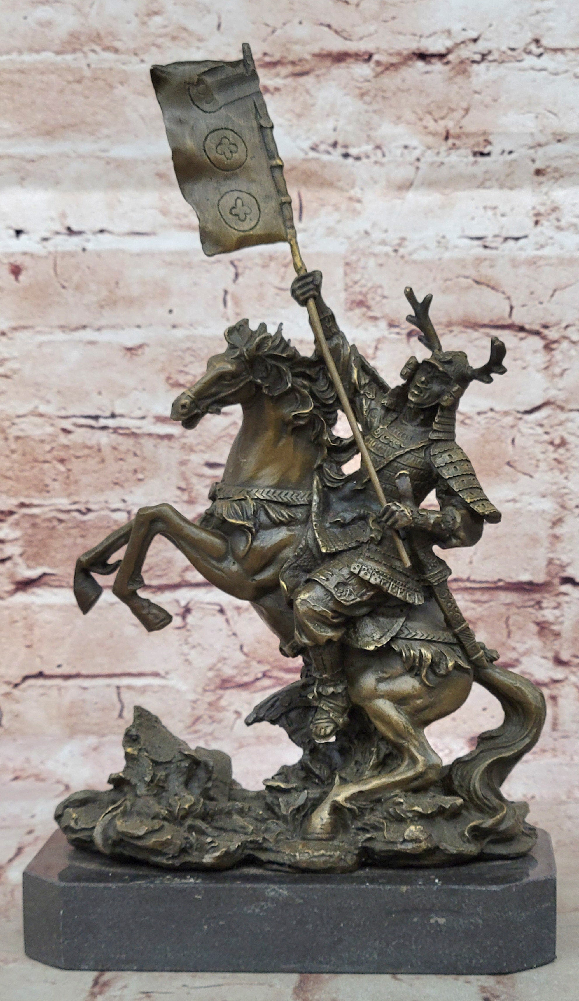 Hot Cast Viking Warrior on Horse with a Flag Bronze Sculpture Statue Figurine