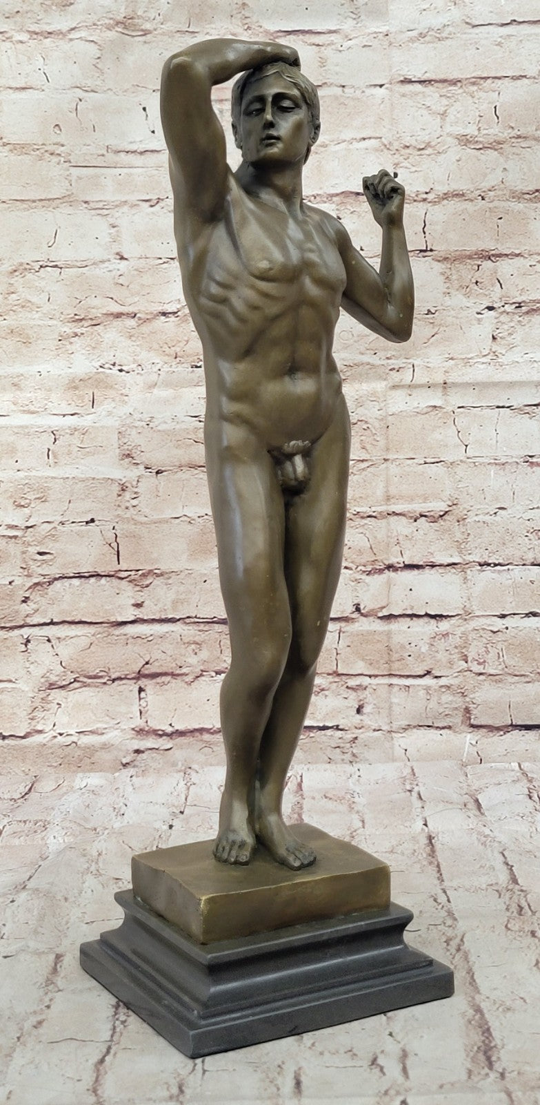 Art Deco Erotic Art Naked Male by Rodin Bronze Sculpture Marble Base Figurine