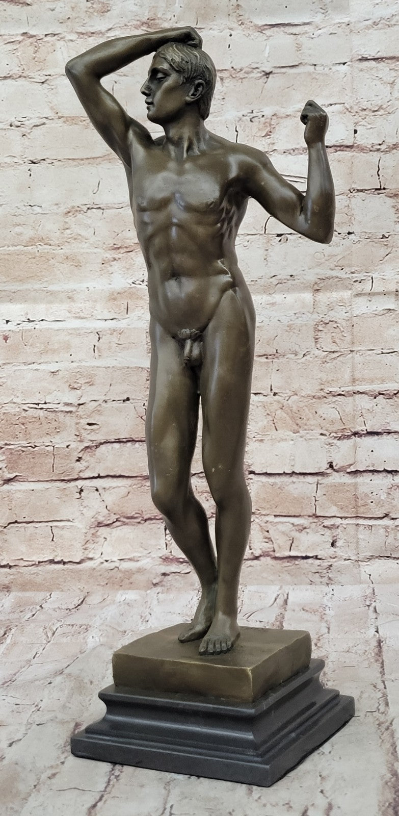 Art Deco Erotic Art Naked Male by Rodin Bronze Sculpture Marble Base Figurine