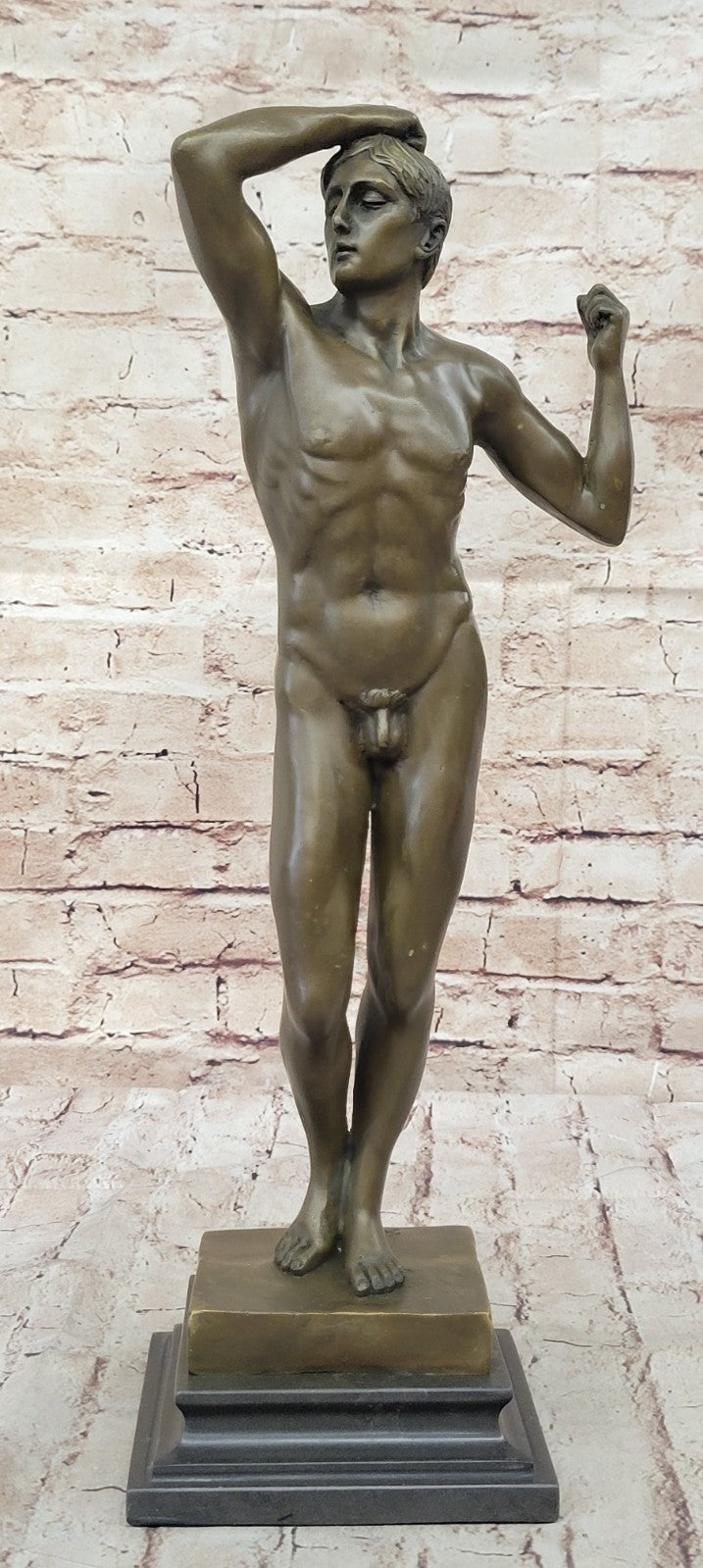 Art Deco Erotic Art Naked Male by Rodin Bronze Sculpture Marble Base Figurine