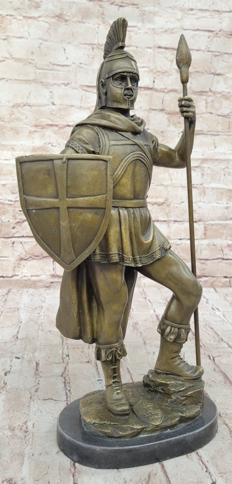 SIGNED BRONZE STATUE ROMAN GOD OF WAR WARRIOR MILITARY SCULPTURE ON MARBLE SALE