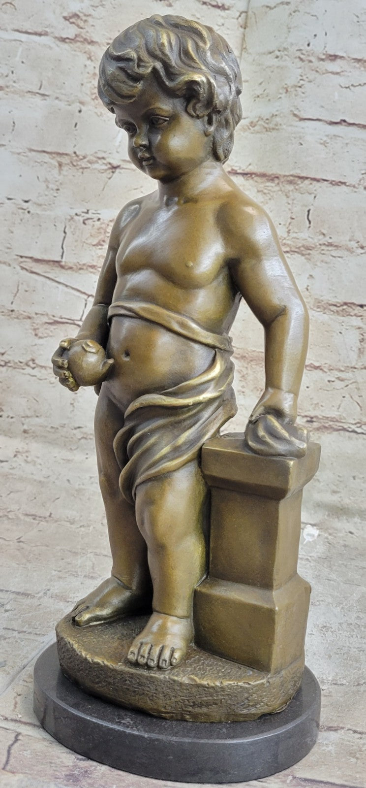 Handcrafted Bronze Art Nude Little Boy Holding Apple Sculpture Statue Figure