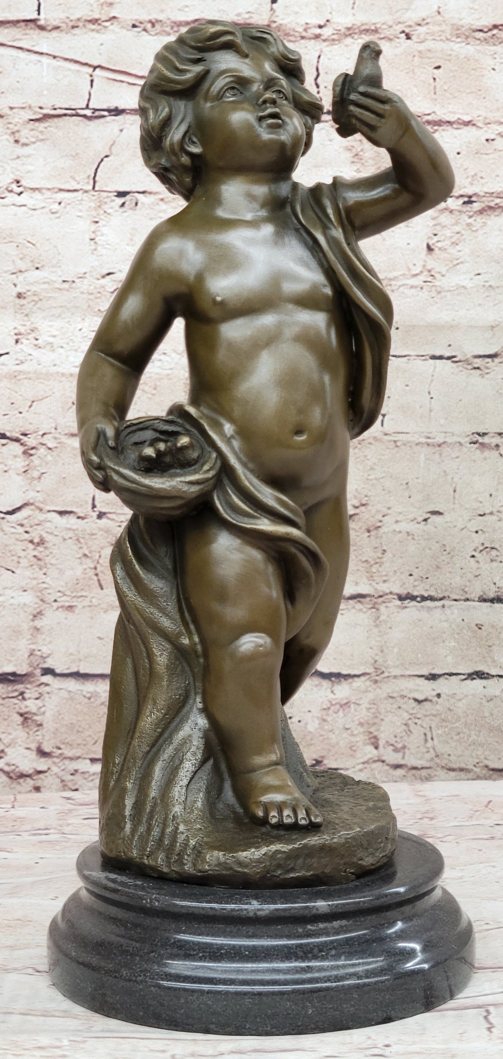 100% Solid Bronze Sculpture of a Stading Holding a Bird Art Deco Marble Sale