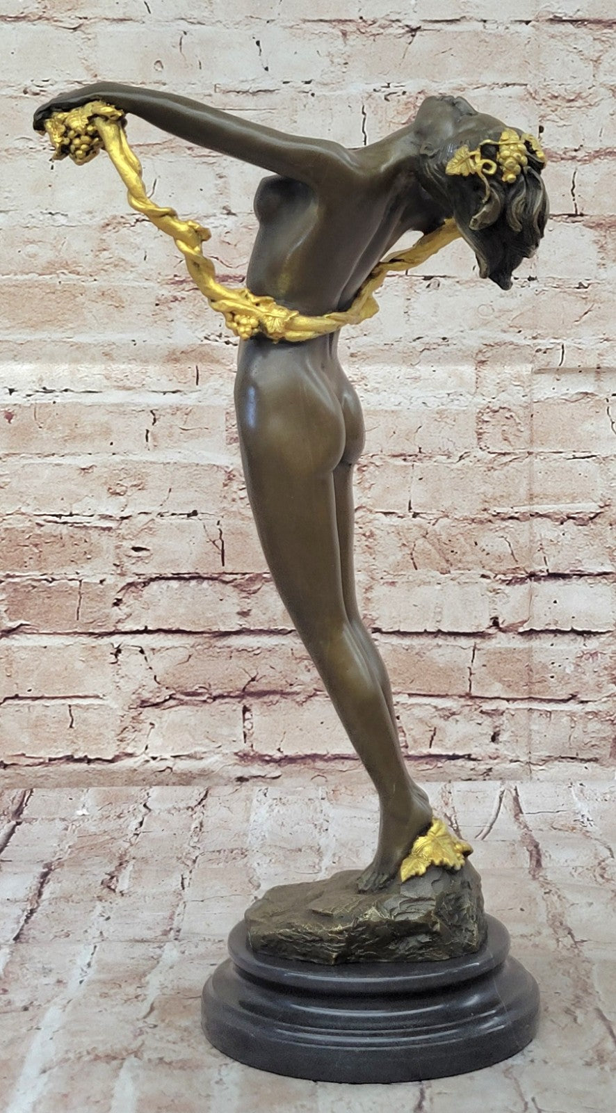 Bronze The Vine Wine Nude Women Sexual Art Sculpture Figurine with Marble Base