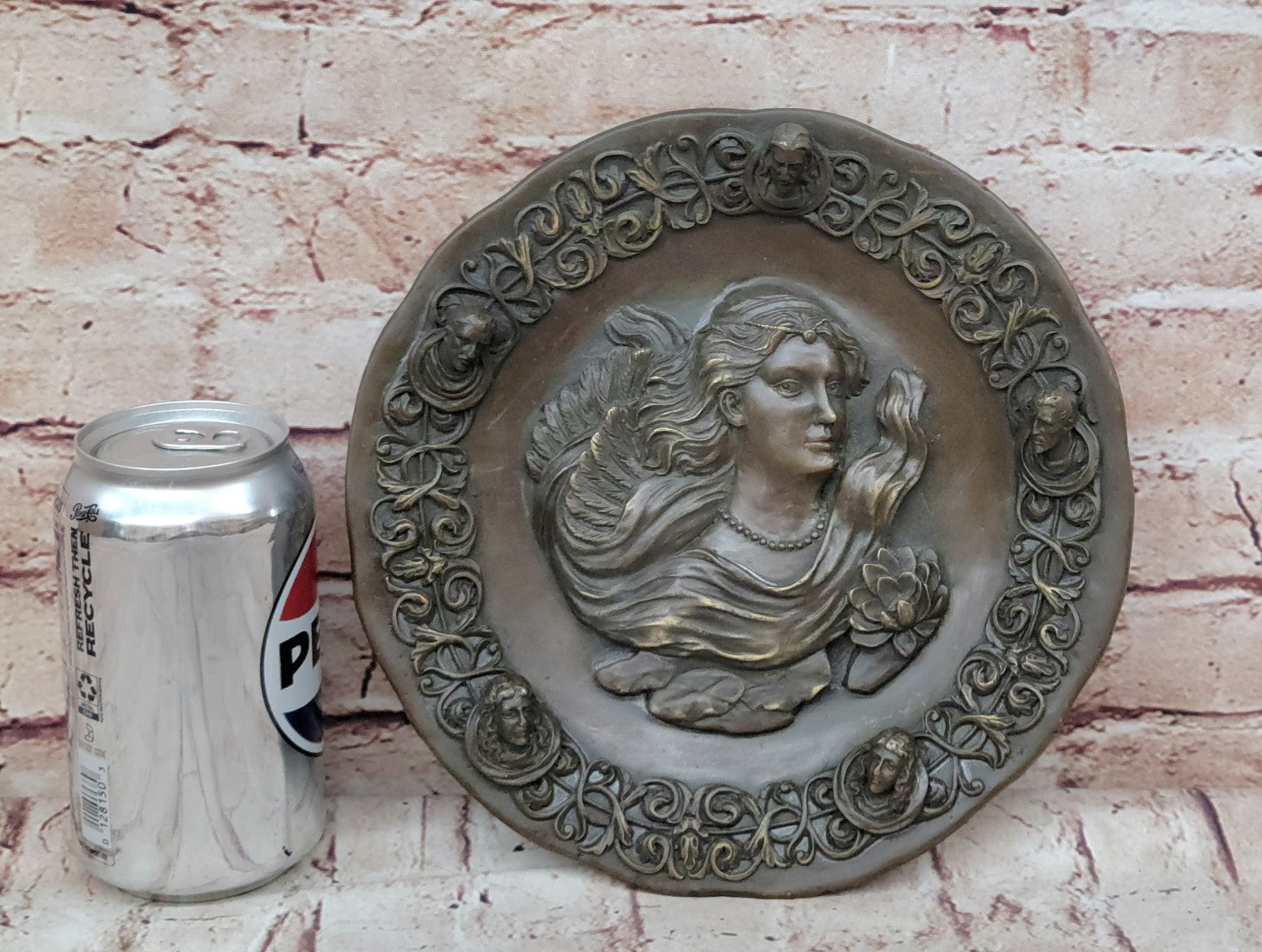 Original Hand Crafted Large Bas Relief Plaque Woman Face Bronze Sculpture Statue