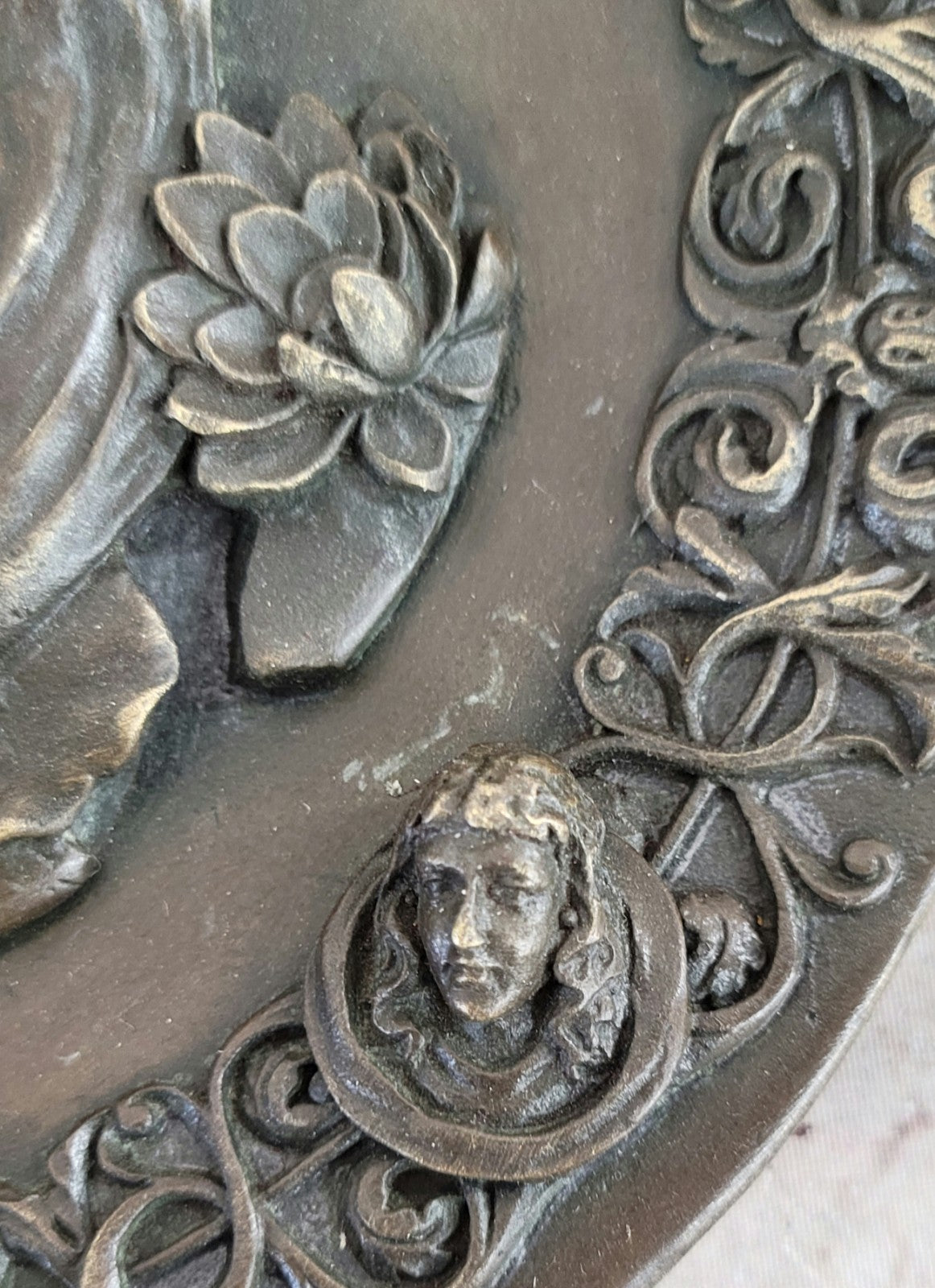 Original Hand Crafted Large Bas Relief Plaque Woman Face Bronze Sculpture Statue