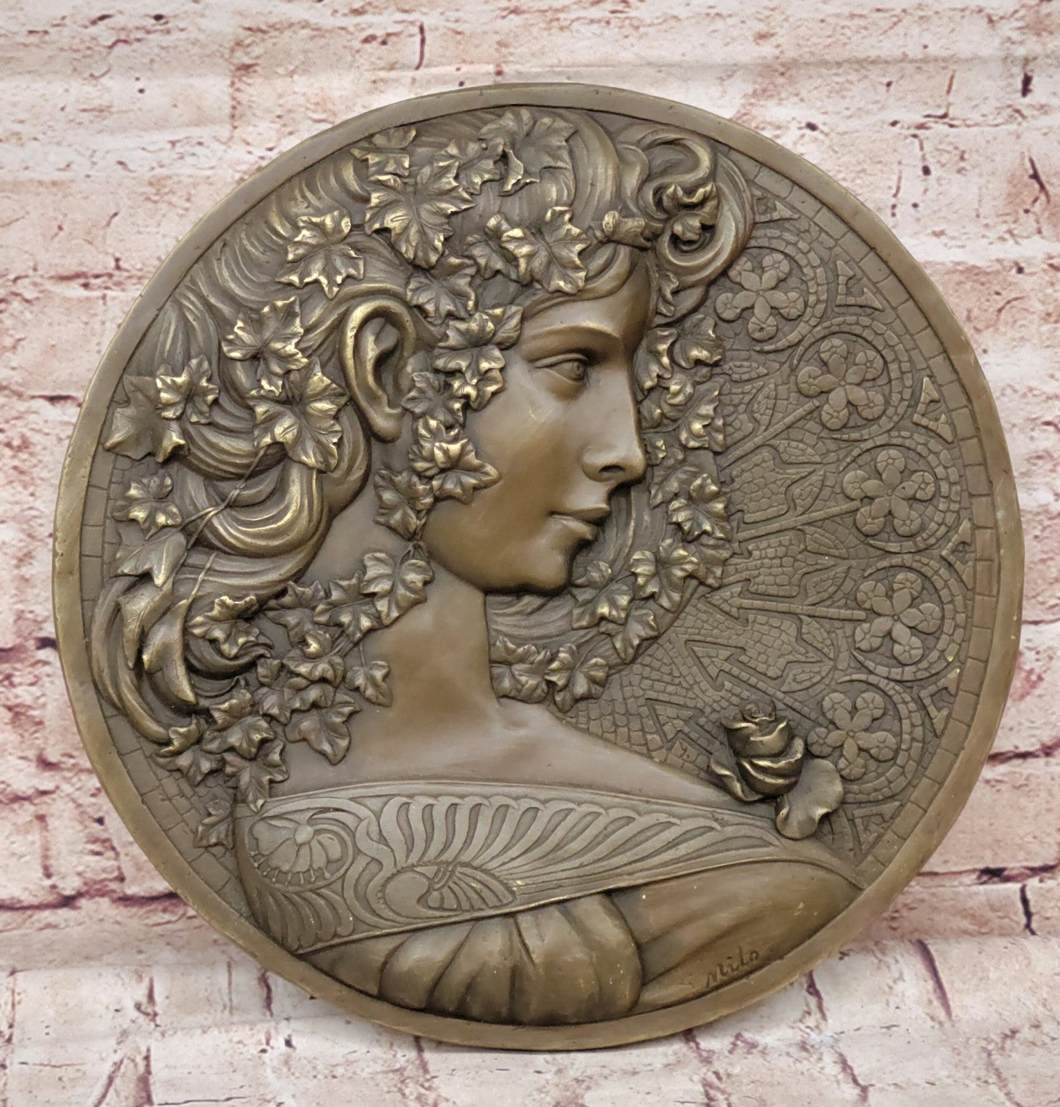 Art Deco Royal Goddess Bas Relief Wall Mount Bronze Sculpture Figurine