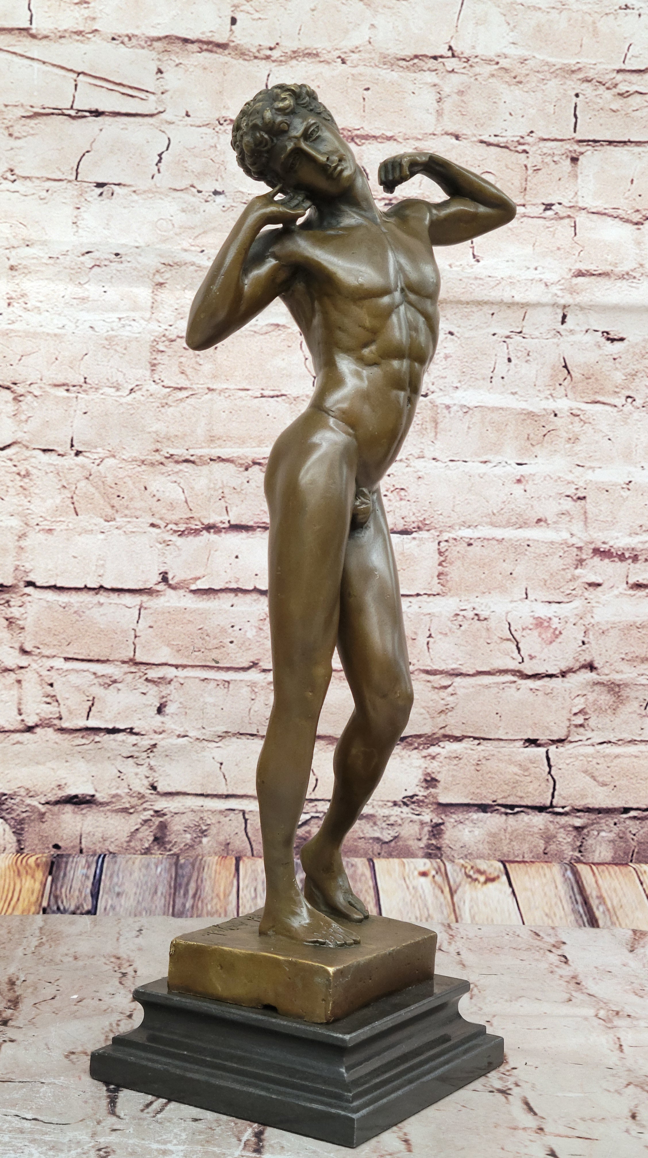 17" Tall Nude Male Man Michelangelo Bronze Sculpture Marble Base Figurine Sale