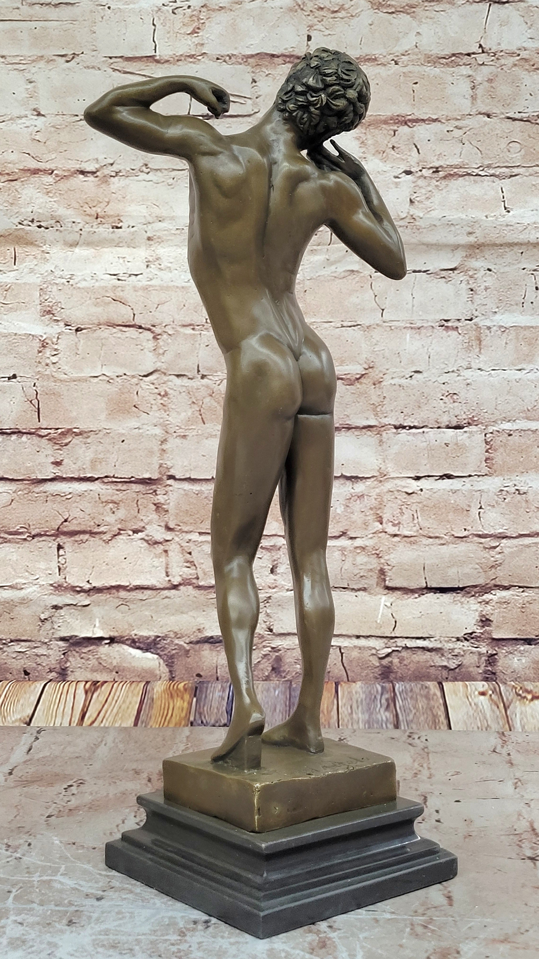 17" Tall Nude Male Man Michelangelo Bronze Sculpture Marble Base Figurine Sale