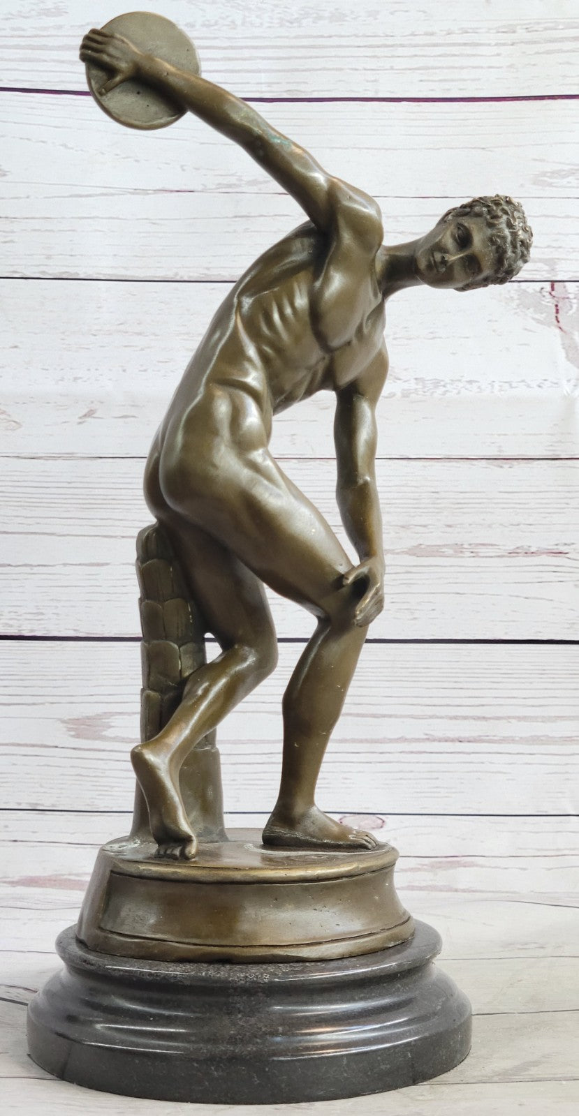 Discus Thrower Grand Tour Bronze Statue On Black Marble Base European Artwork