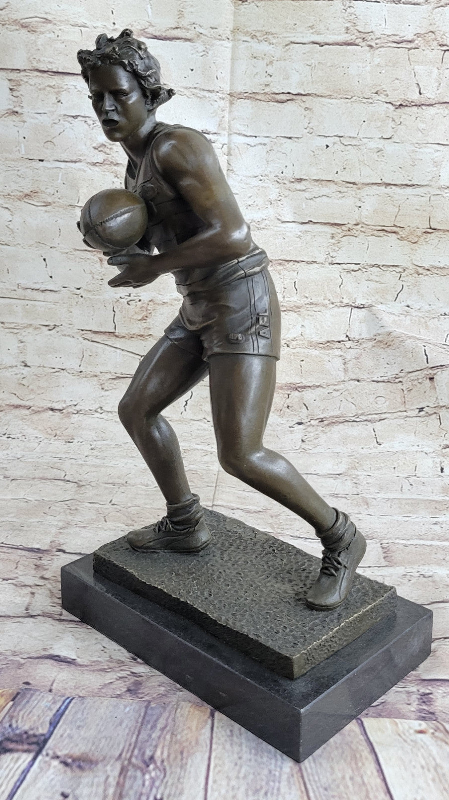 Art Deco 100% Bronze Marble Sculpture Statue Figure Rugby Football Player Deco