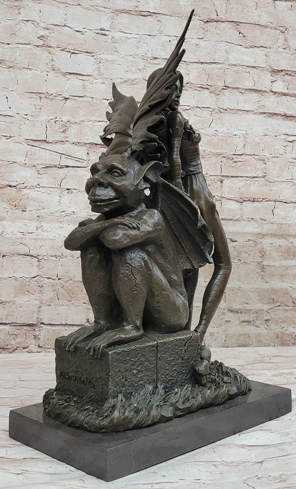 Mythical Magic: Hot Cast Bronze Art Deco Fairy with Gargoyle by Aldo Vitaleh