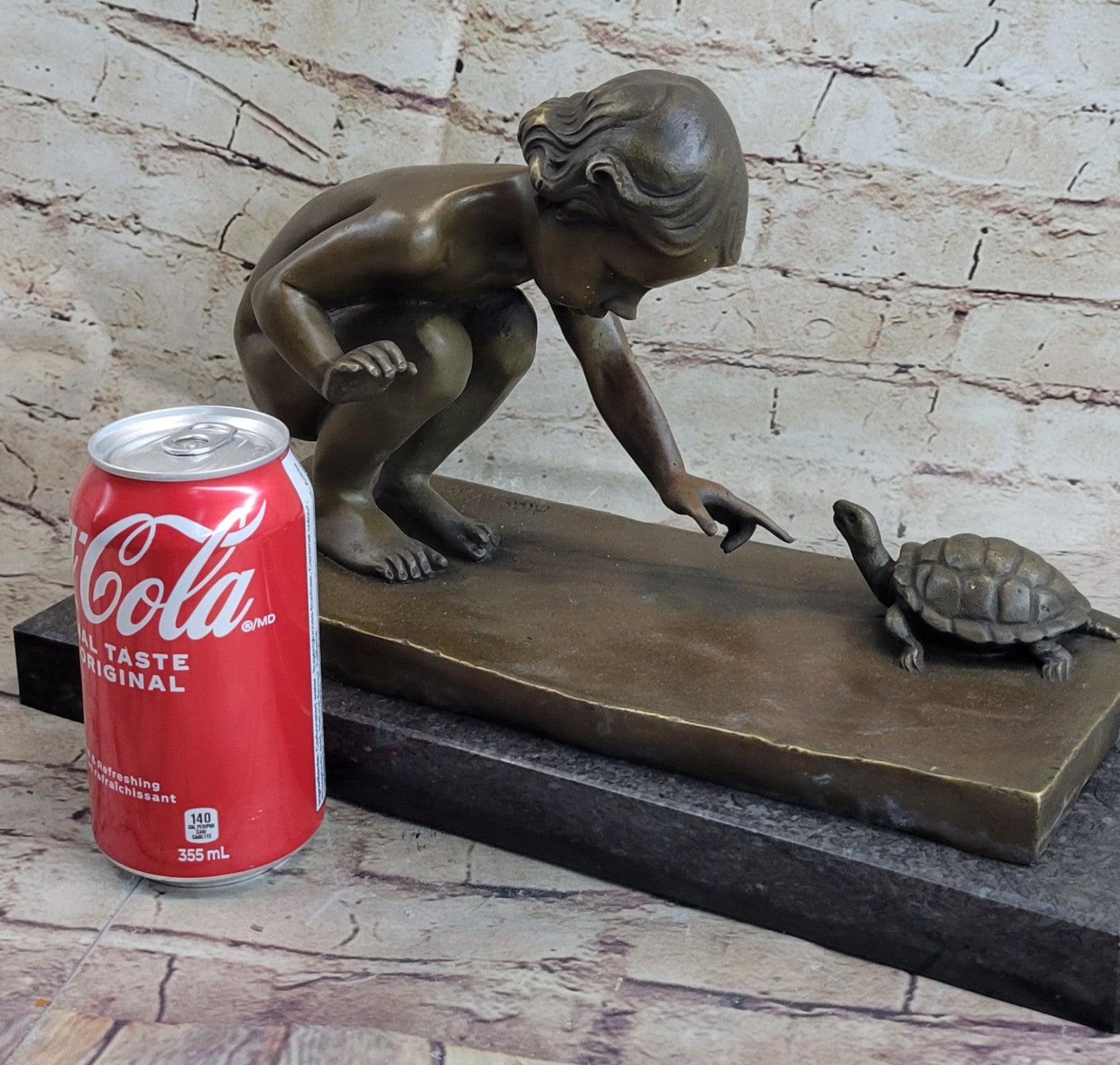 Art Deco Nude Baby Girl Playing with Turtle Bronze Sculpture Figurine Figure