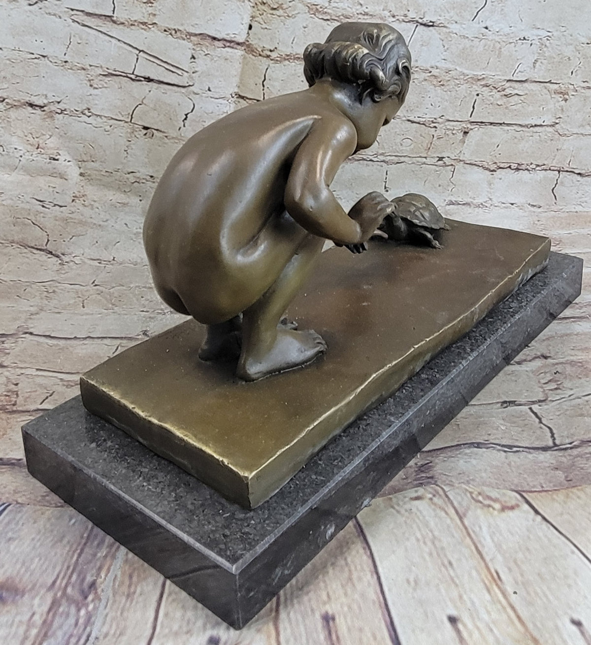 Art Deco Nude Baby Girl Playing with Turtle Bronze Sculpture Figurine Figure