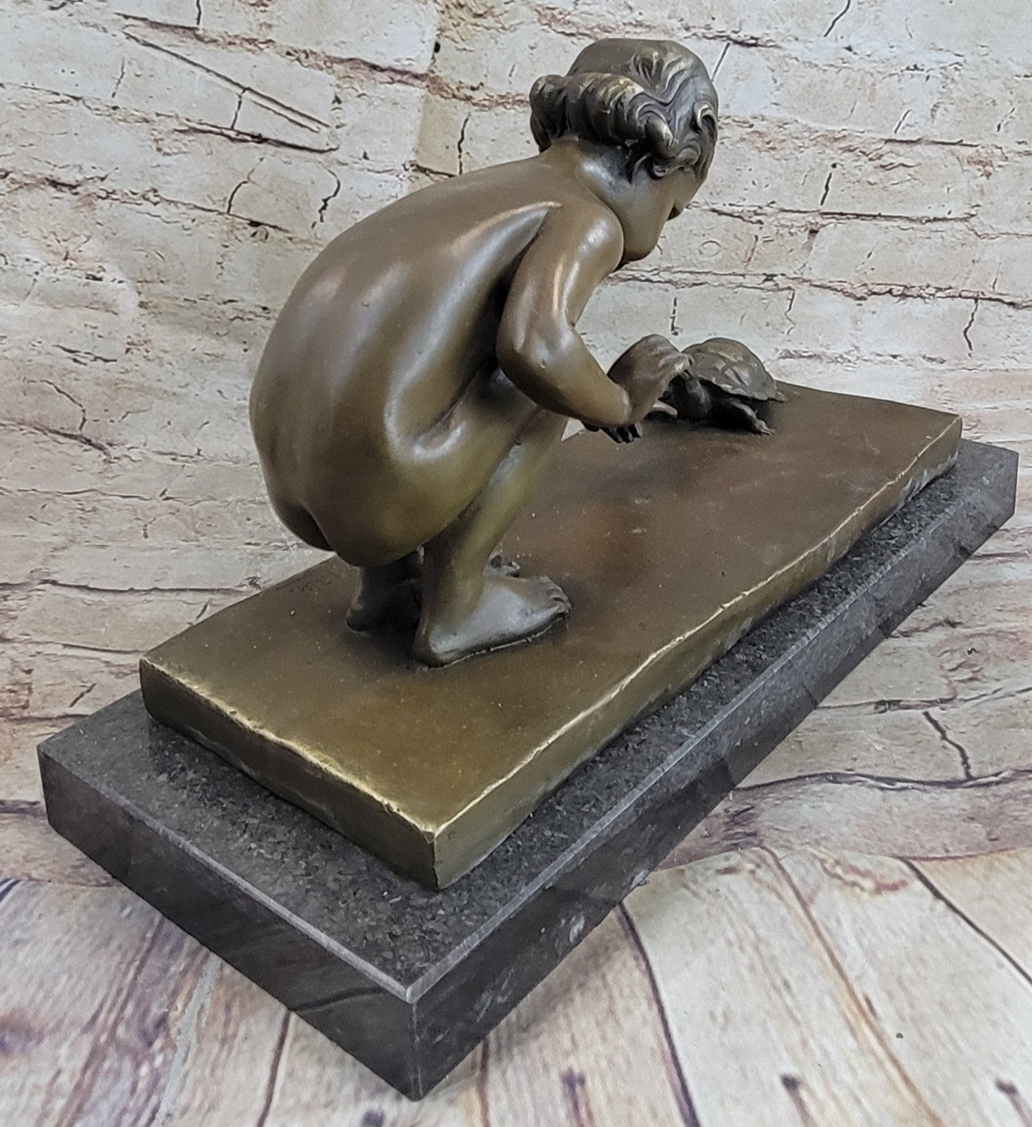 Art Deco Nude Baby Girl Playing with Turtle Bronze Sculpture Figurine Figure