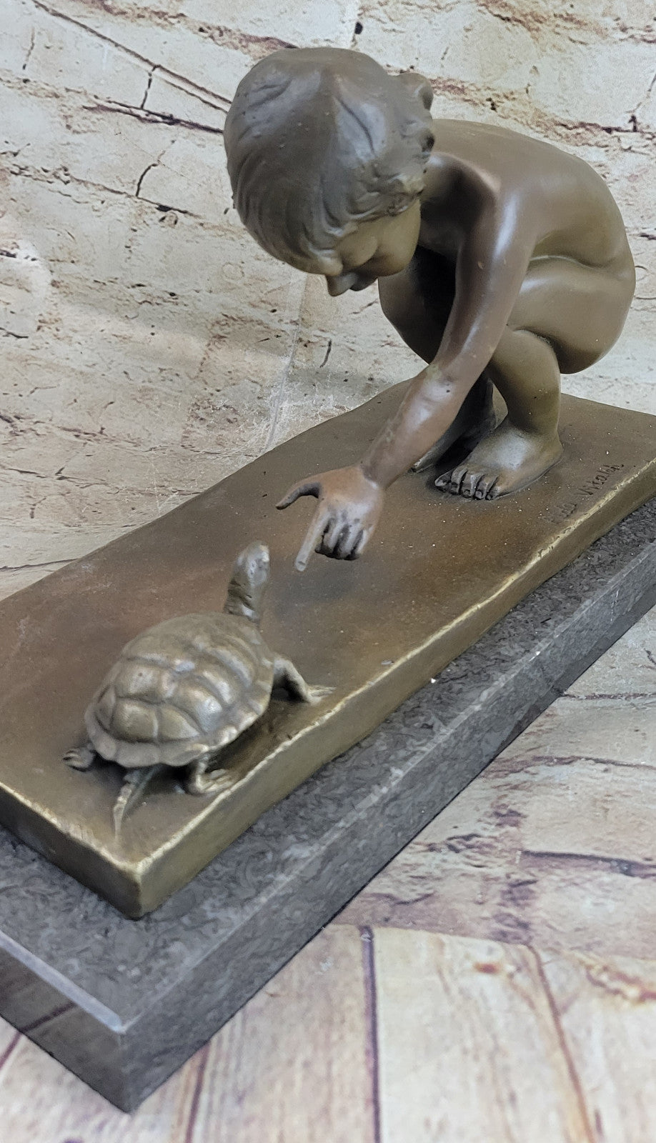 Art Deco Nude Baby Girl Playing with Turtle Bronze Sculpture Figurine Figure