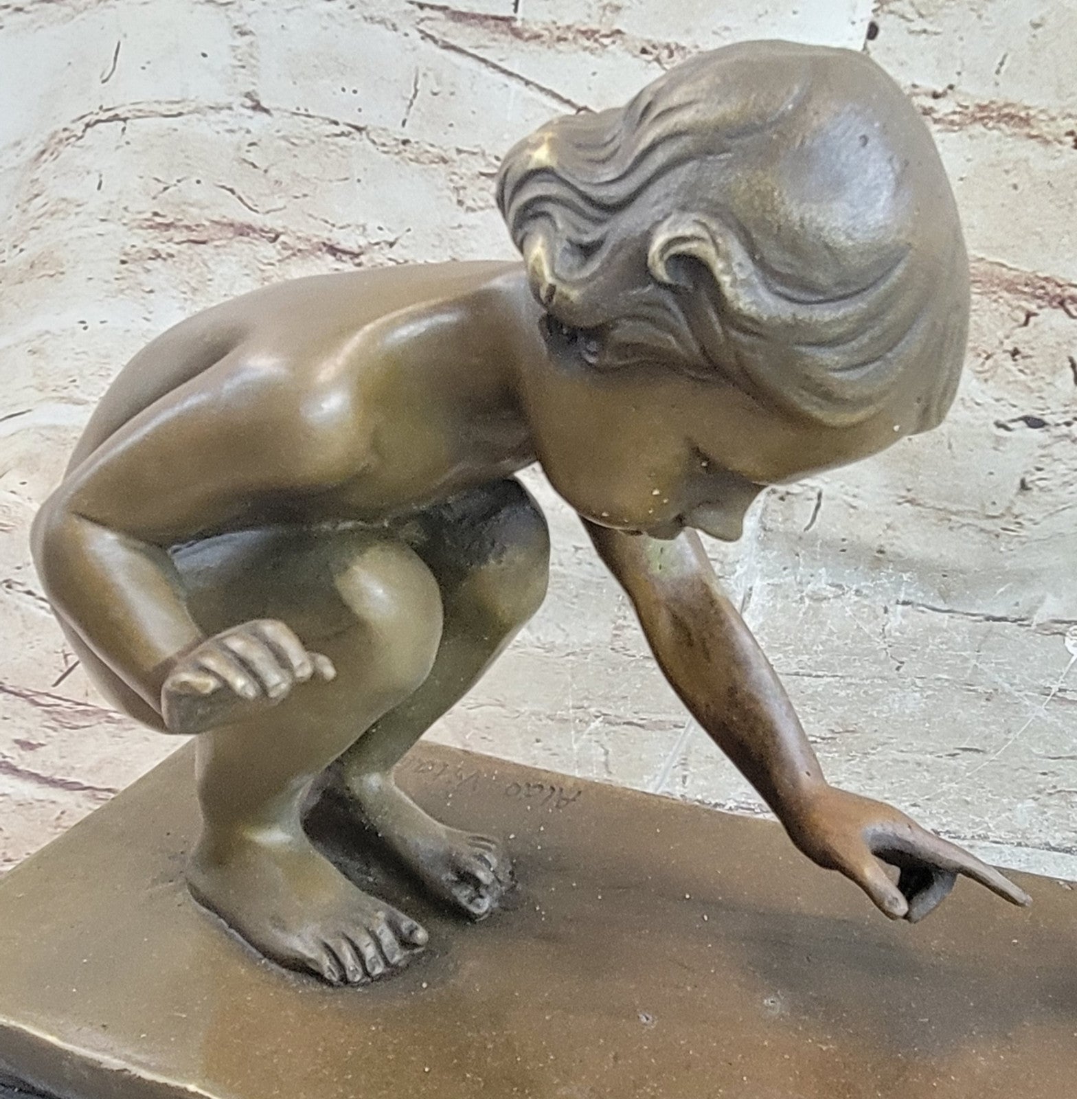 Art Deco Nude Baby Girl Playing with Turtle Bronze Sculpture Figurine Figure