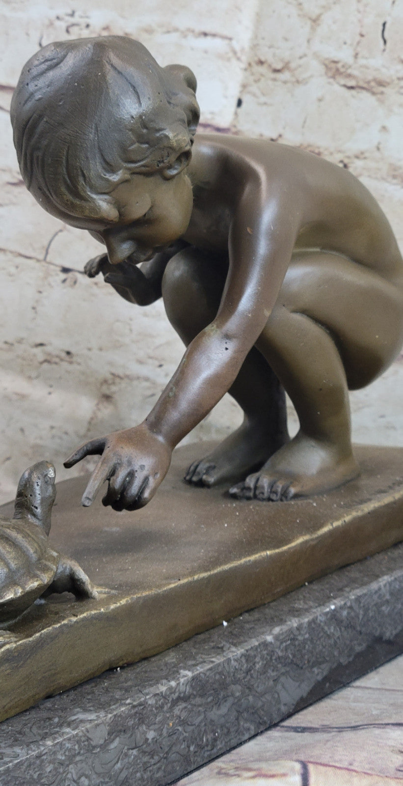 Art Deco Nude Baby Girl Playing with Turtle Bronze Sculpture Figurine Figure