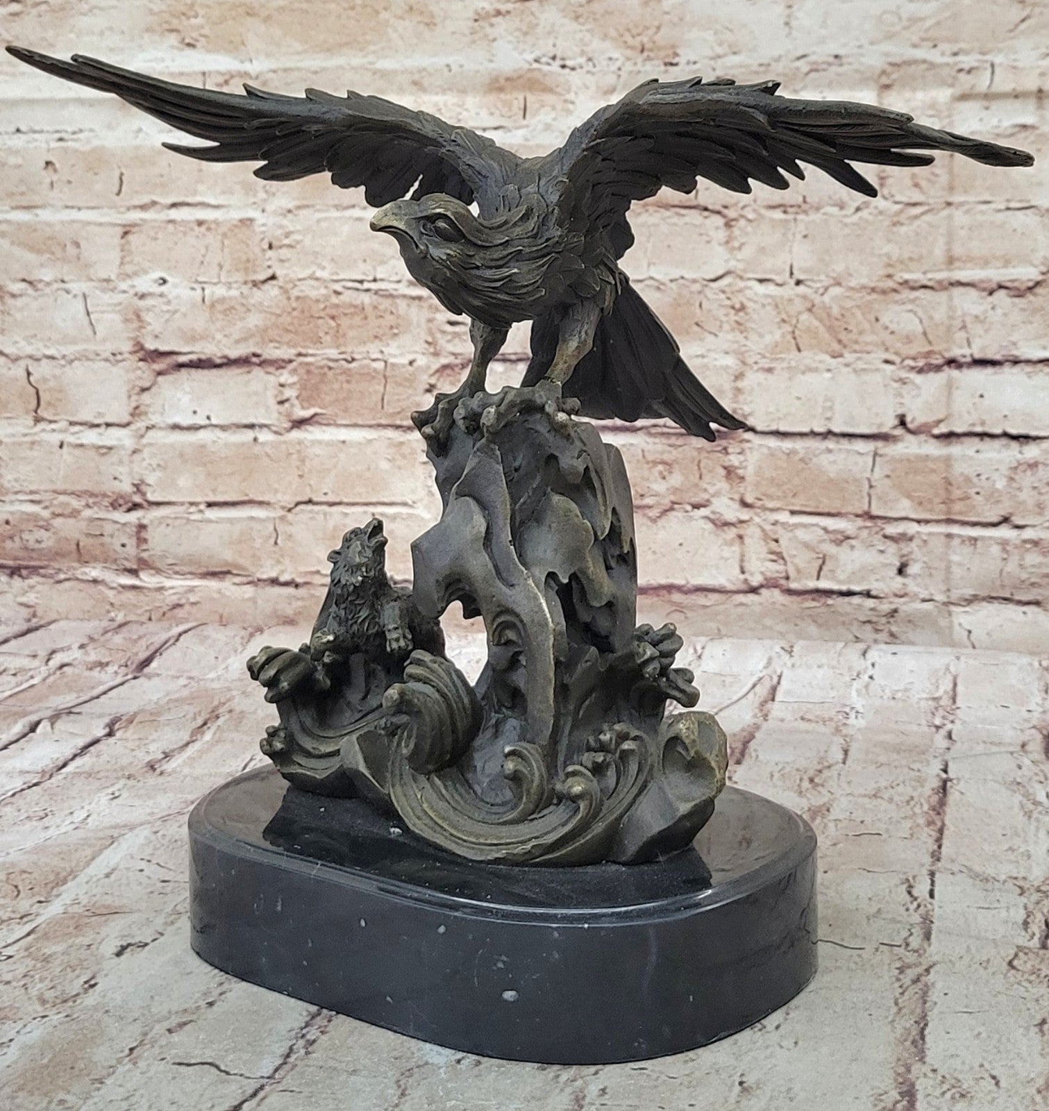 Flying Eagle Hawk Bird Eagle Spread wing Fighting Bronze Sculpture, Signed:Milo