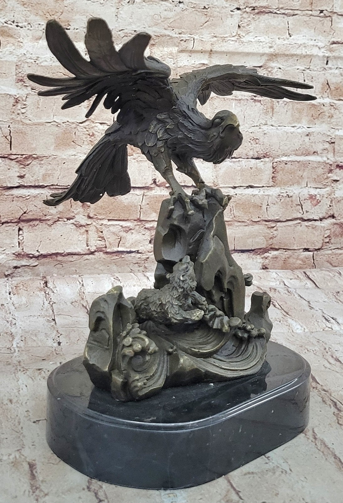 Flying Eagle Hawk Bird Eagle Spread wing Fighting Bronze Sculpture, Signed:Milo