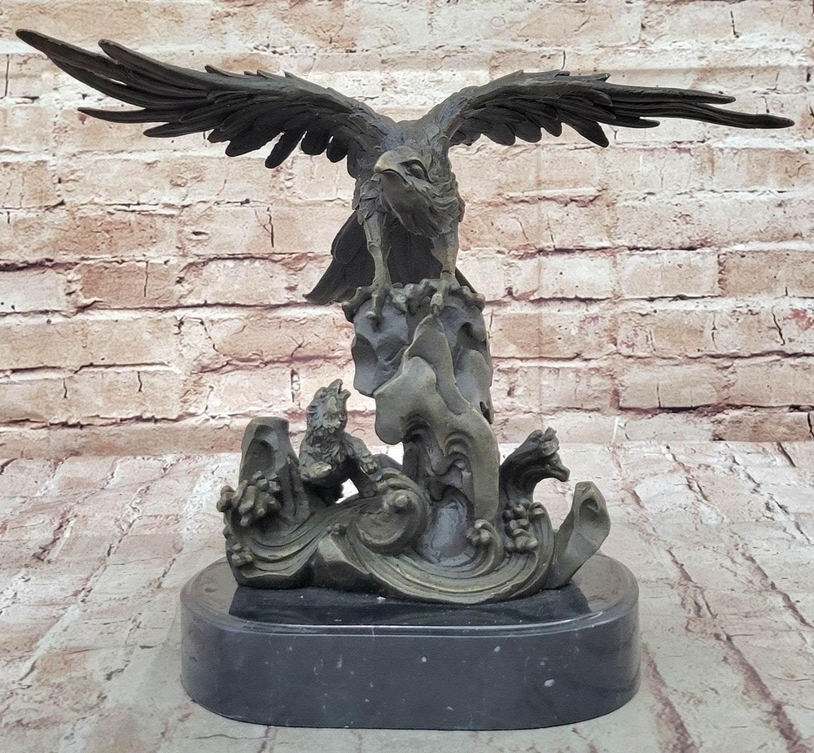 Flying Eagle Hawk Bird Eagle Spread wing Fighting Bronze Sculpture, Signed:Milo