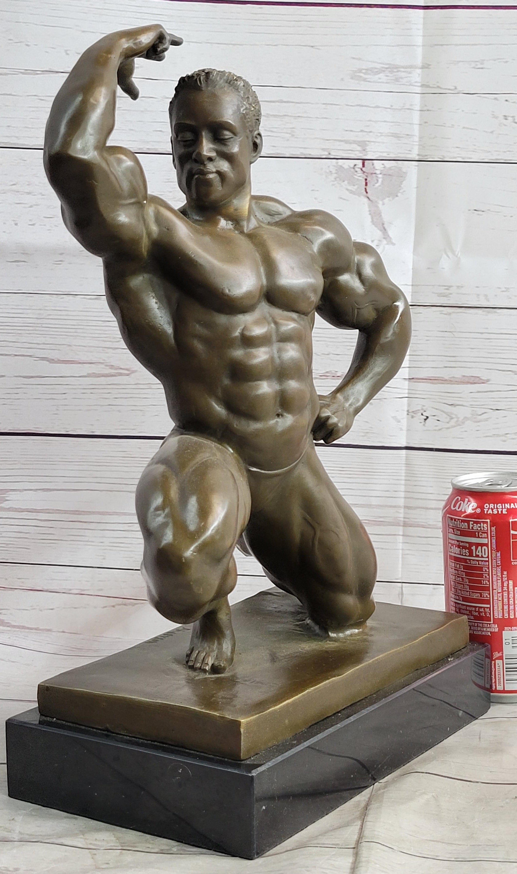 Original Iron Man Muscular Nude Male Muscle Trophy Bronze Marble Sculpture Deco