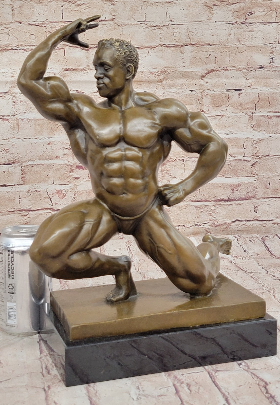 Original Iron Man Muscular Nude Male Muscle Trophy Bronze Marble Sculpture Deco