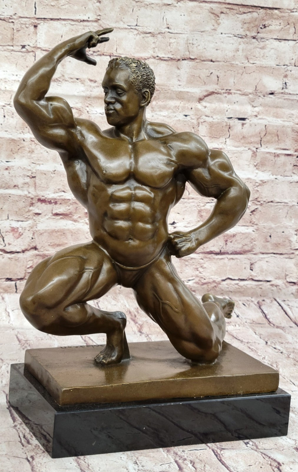 Original Iron Man Muscular Nude Male Muscle Trophy Bronze Marble Sculpture Deco