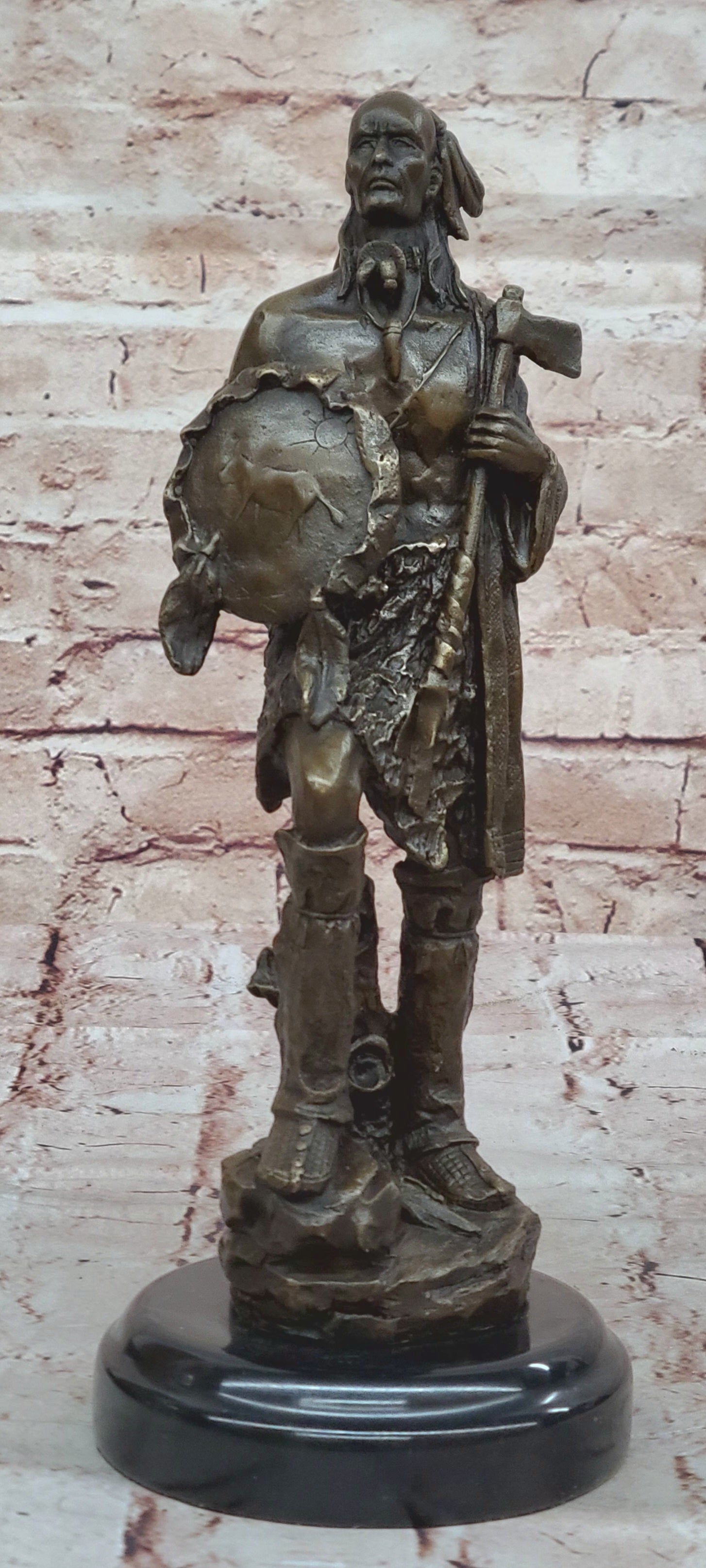 Handcrafted Hot Cast Indian Chief with Ax and Shield Bronze Figurine Figure Stat