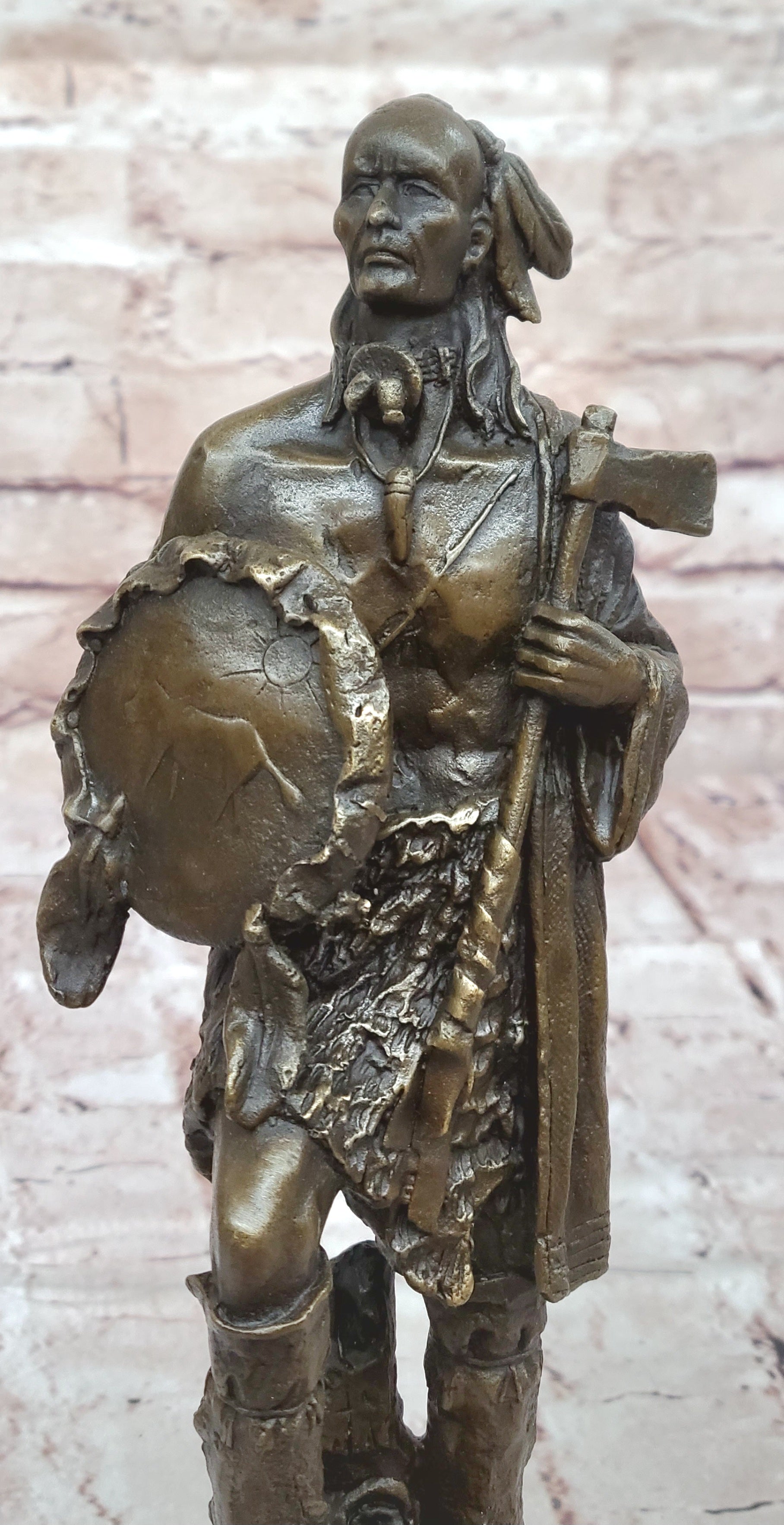 Handcrafted Hot Cast Indian Chief with Ax and Shield Bronze Figurine Figure Stat