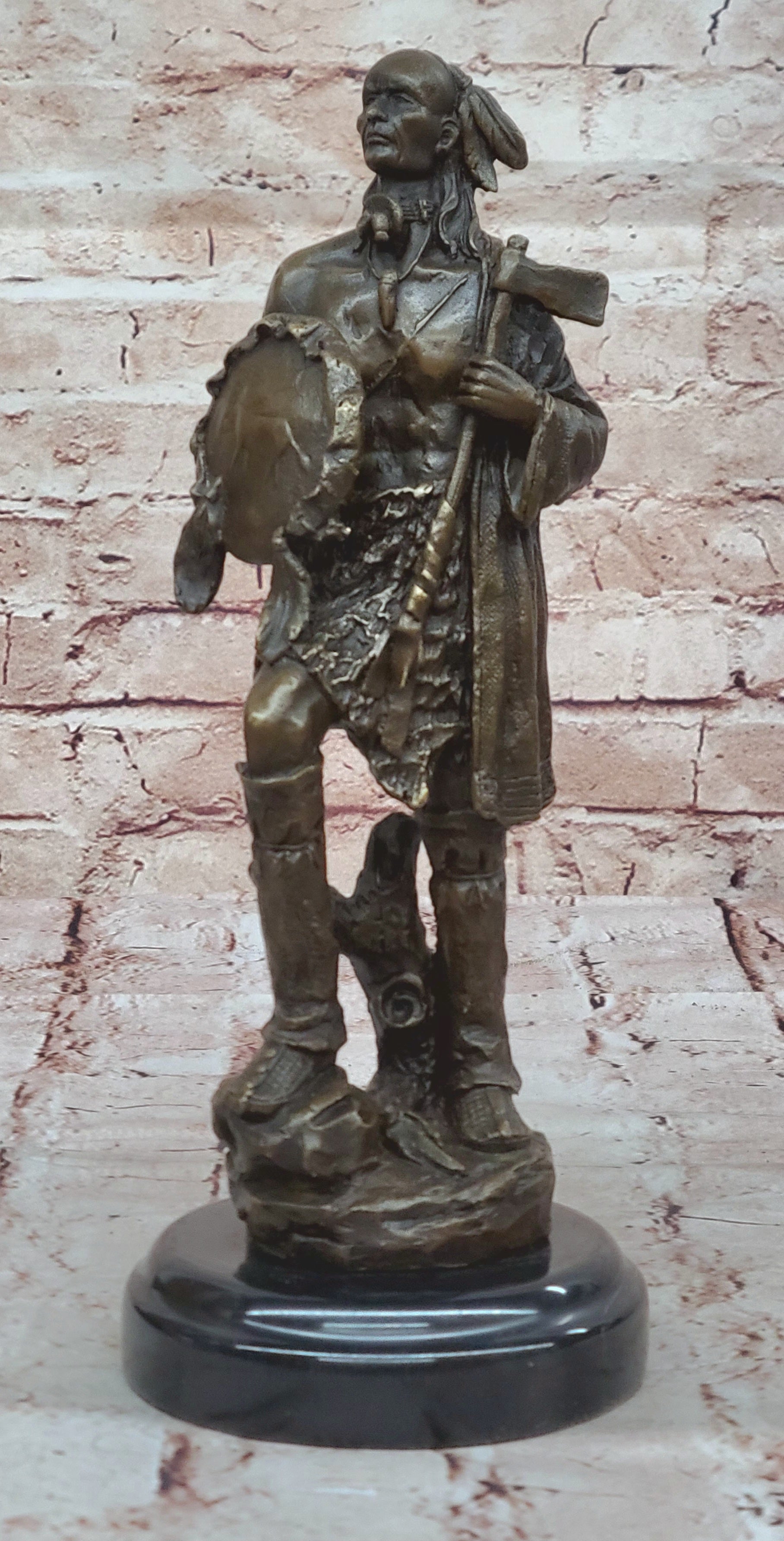 Handcrafted Hot Cast Indian Chief with Ax and Shield Bronze Figurine Figure Stat