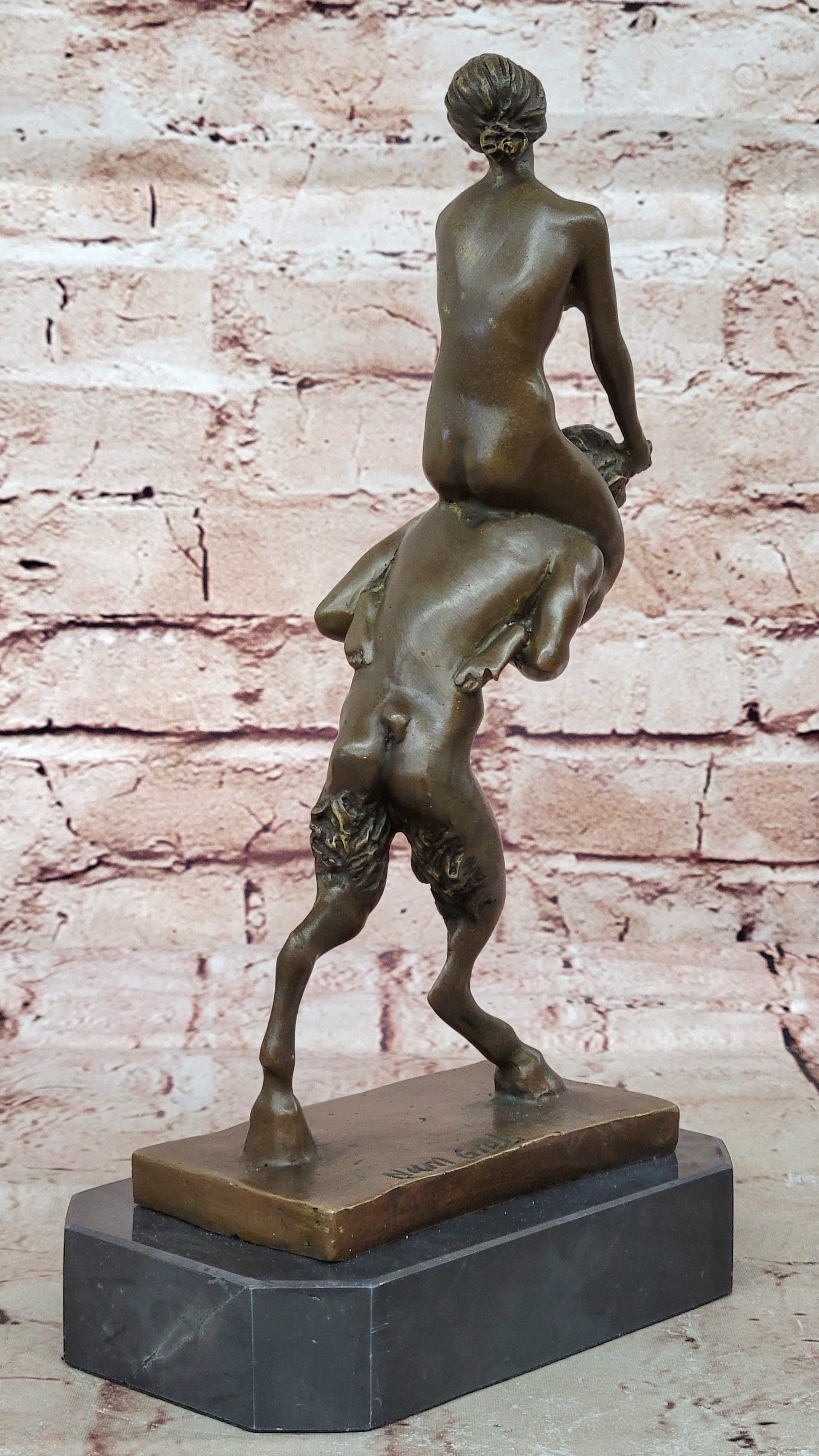 Bronze Mythology "Pan" Piggy Ride Satyr Sculpture Marble Base Greek God