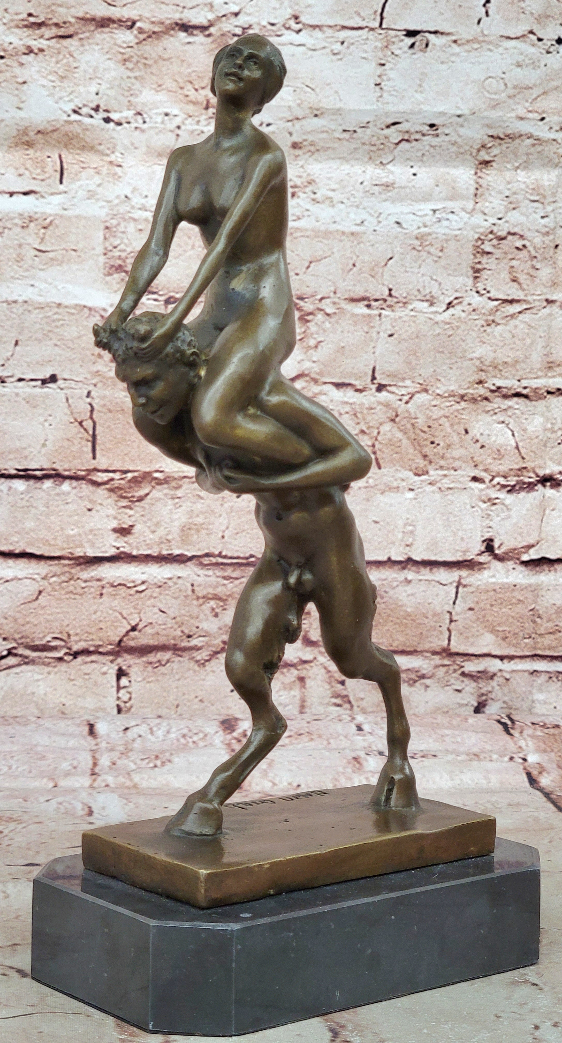 Bronze Mythology "Pan" Piggy Ride Satyr Sculpture Marble Base Greek God