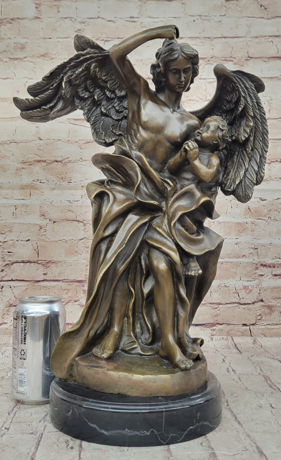 Vintage Victorian Bronze, Guardian Angel & Boy Sculpture, Marble Base, NR