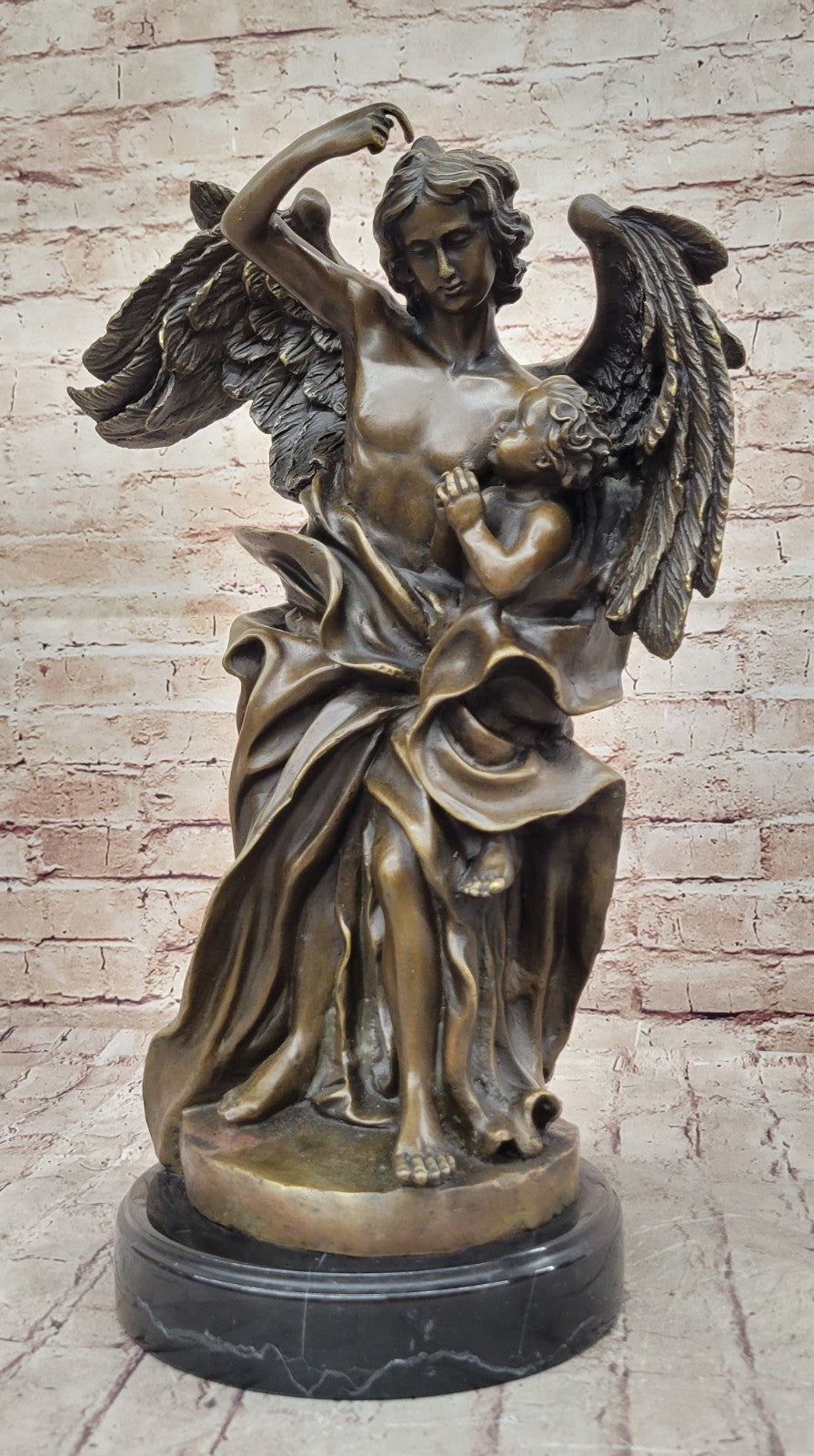 Vintage Victorian Bronze, Guardian Angel & Boy Sculpture, Marble Base, NR