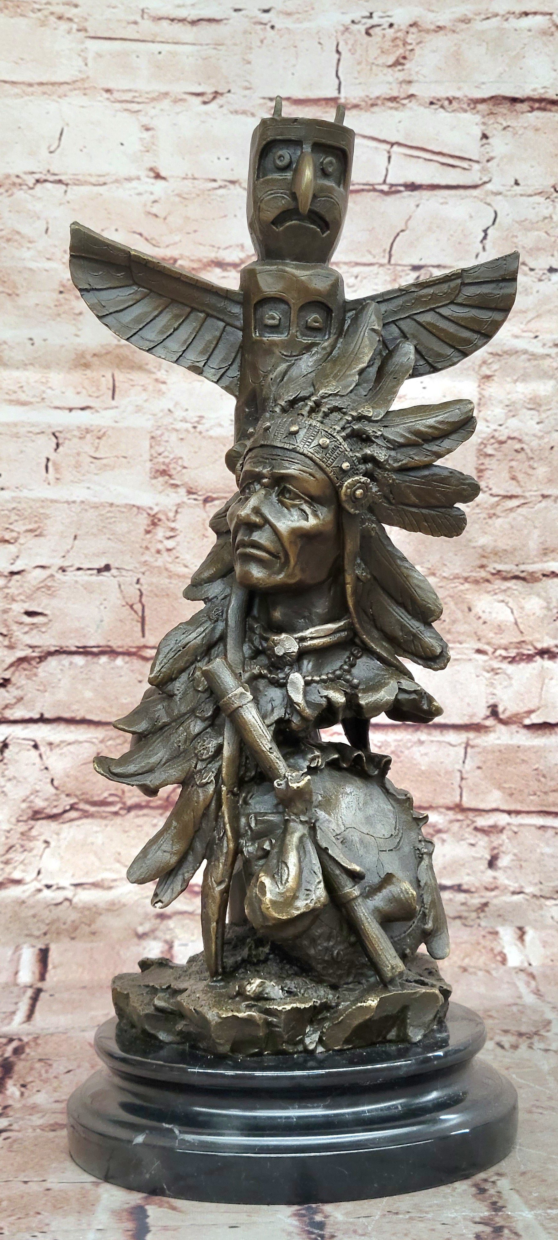 Handcrafted bronze sculpture SALE Tote With Warrior Indian Fisher Original Sign