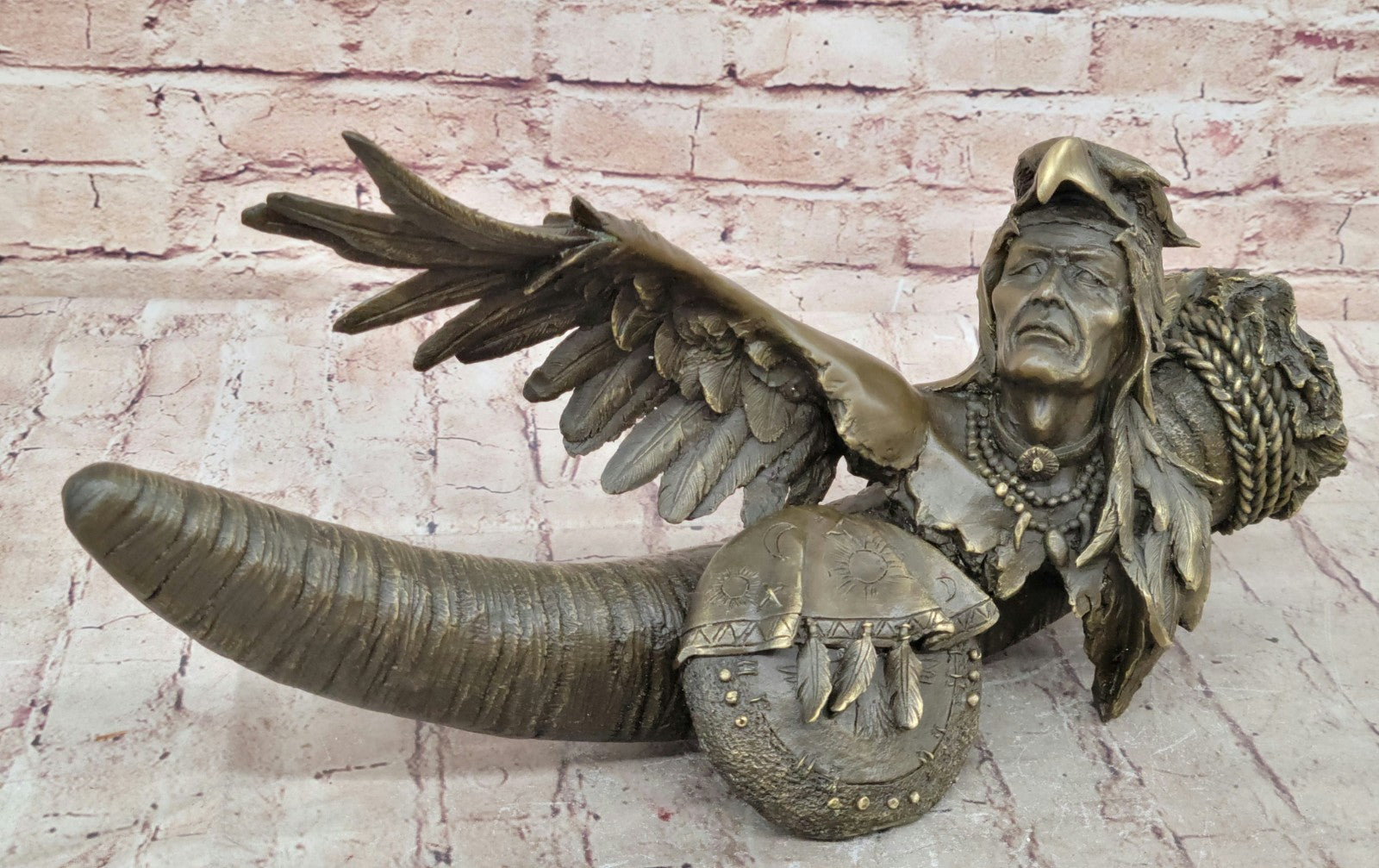 Handcrafted Male Indian Chief With Eagle Western Art Bronze Figurine Figure