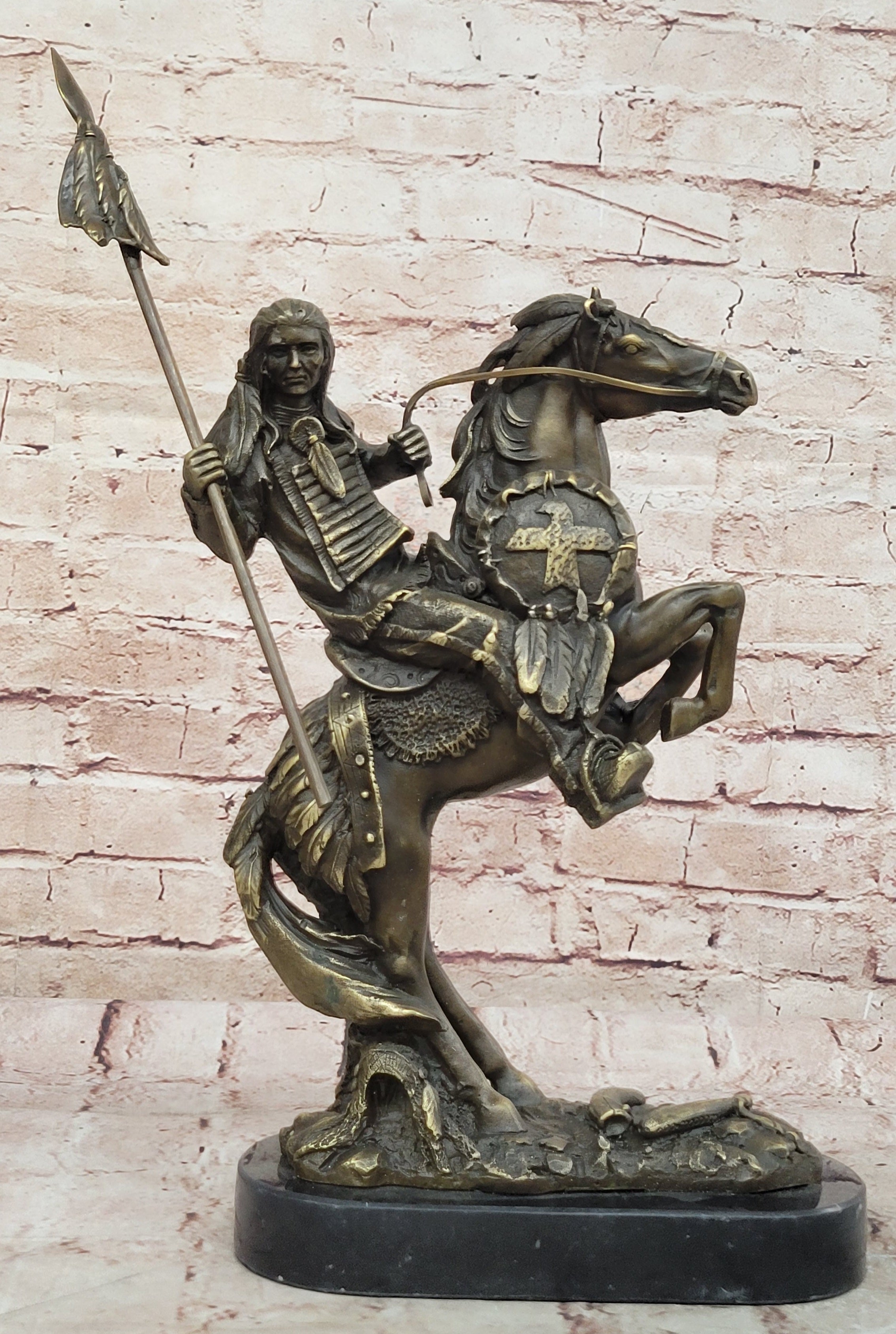 Remington Tribute American Indian Riding Horse Bronze Sculpture Statue Art Deco
