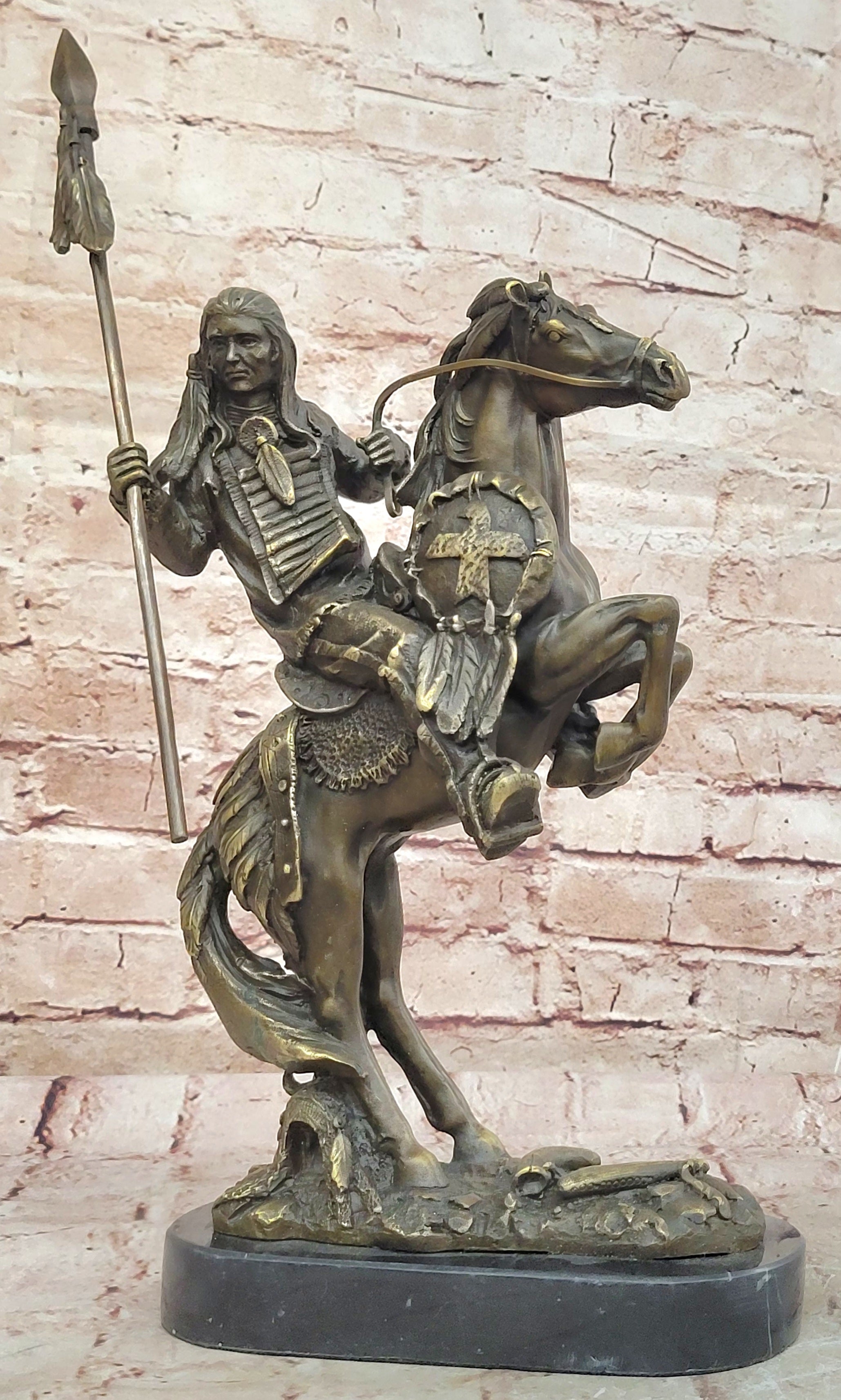 Remington Tribute American Indian Riding Horse Bronze Sculpture Statue Art Deco