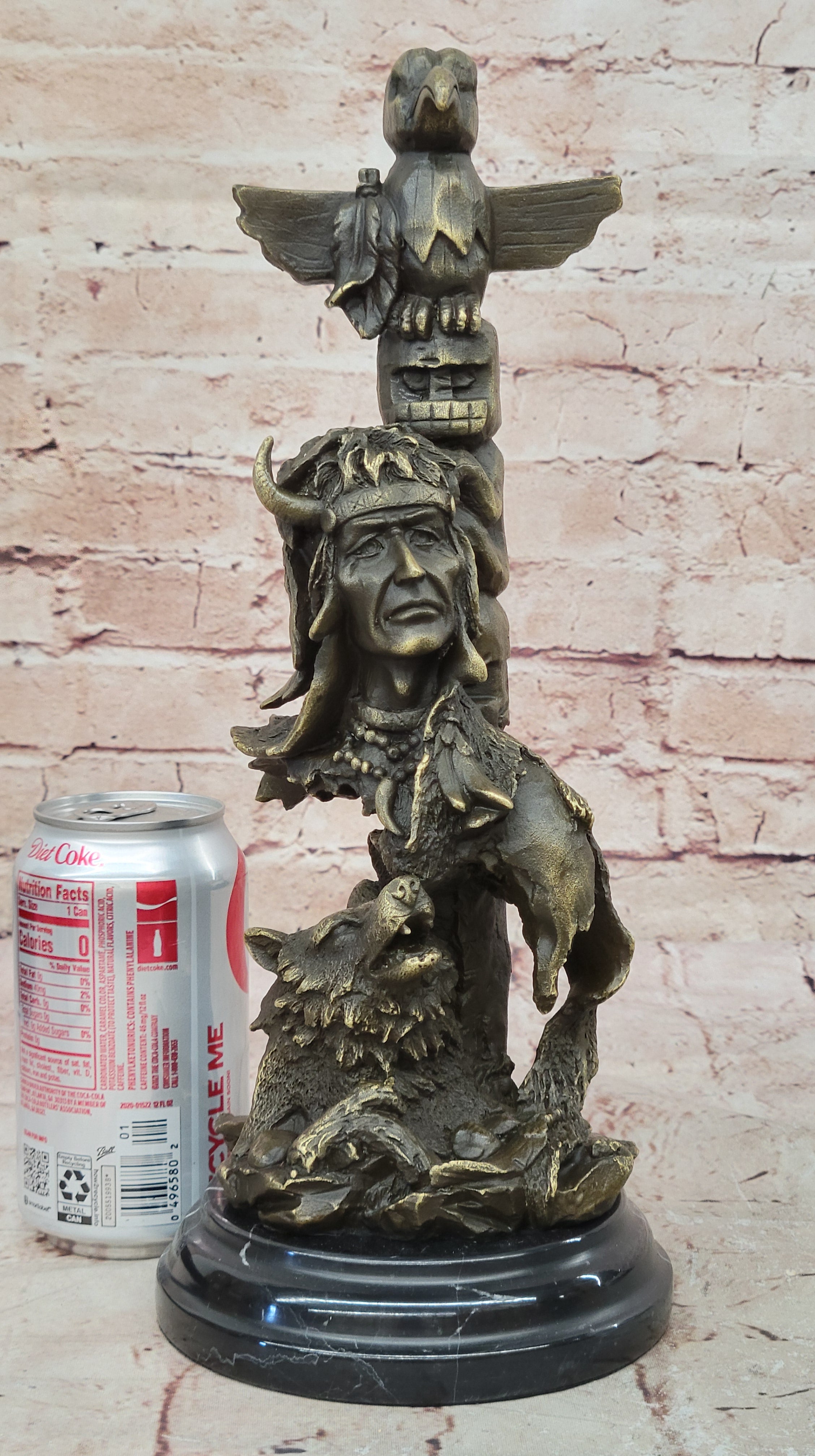 Signed Original Indian Warrior With Totem Pole Bird Bronze Sculpture Statue Gift