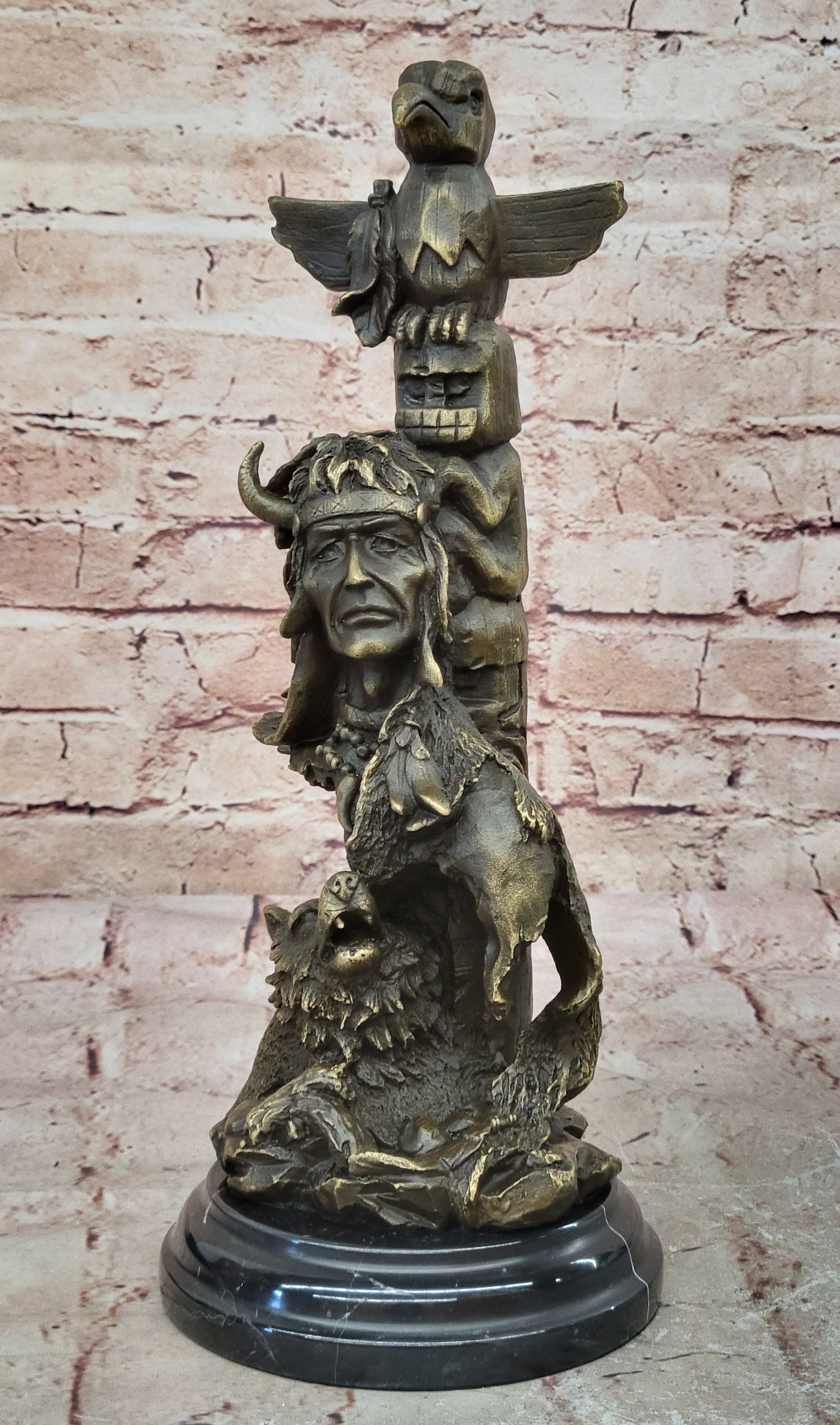 Signed Original Indian Warrior With Totem Pole Bird Bronze Sculpture Statue Gift