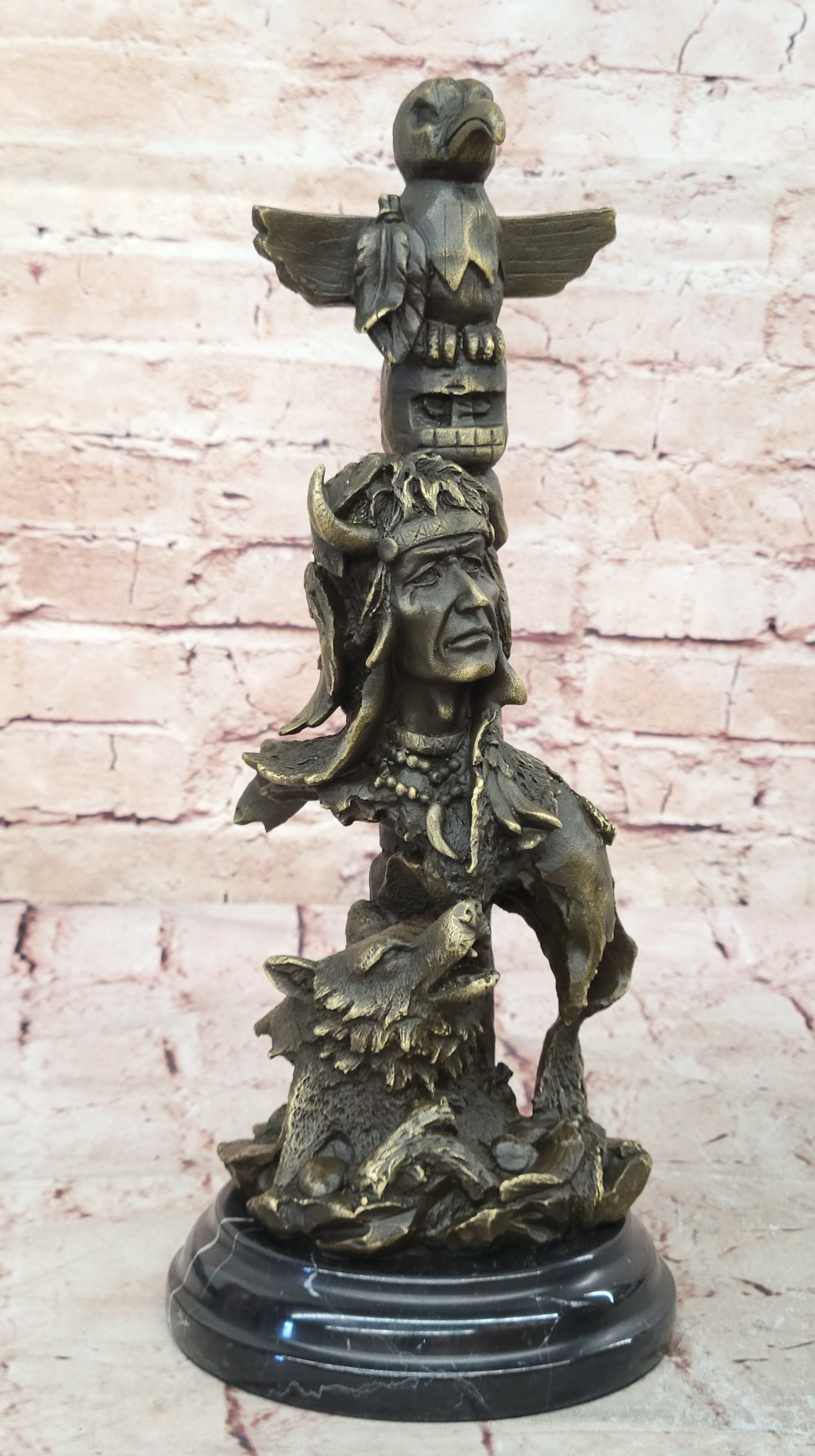 Signed Original Indian Warrior With Totem Pole Bird Bronze Sculpture Statue Gift